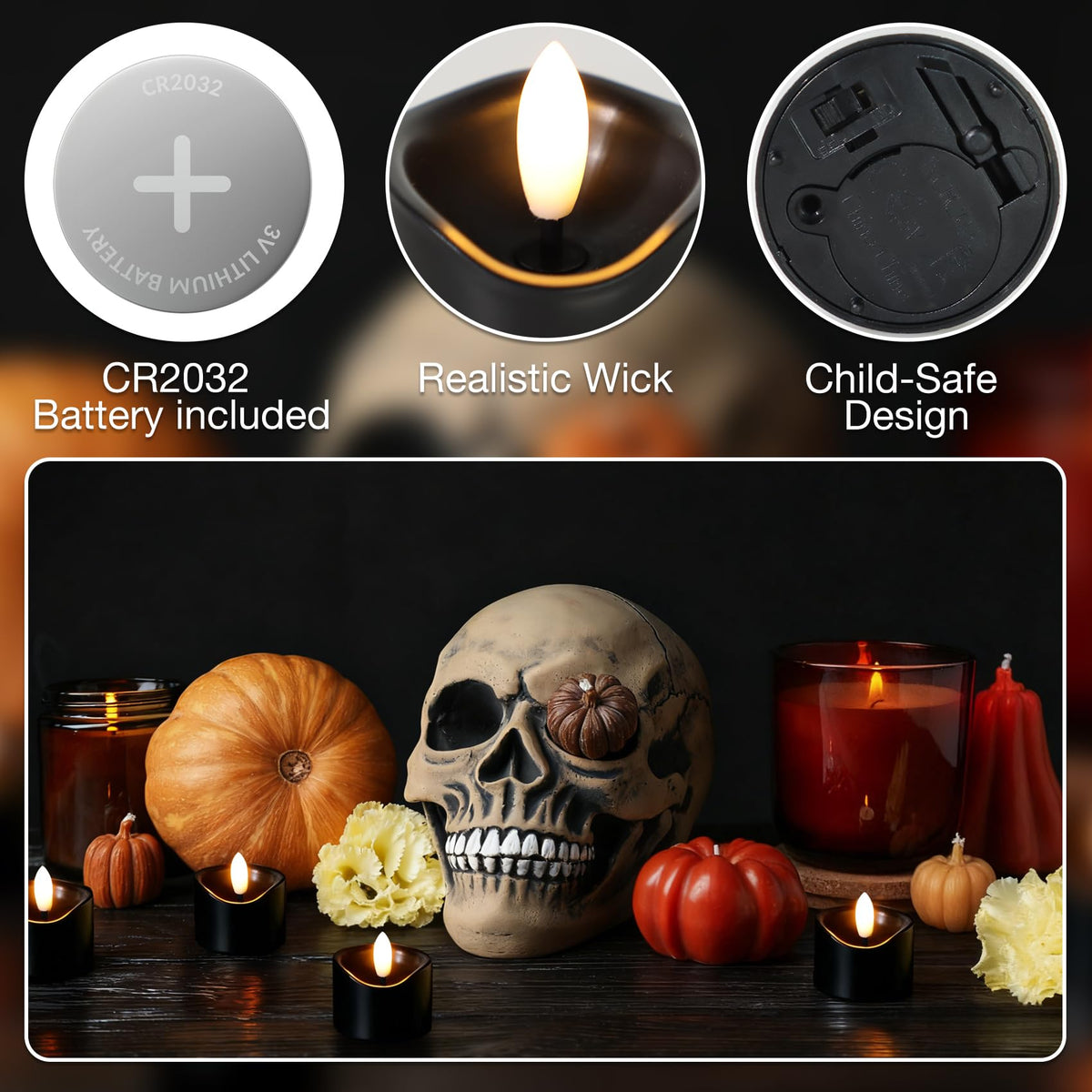 7LinRay 48 Pack Black Flameless Tealight Candles, Battery Operated Tea Lights Realistic Flickering LED Votive Candles for Wedding, Halloween, Party, Home Decor