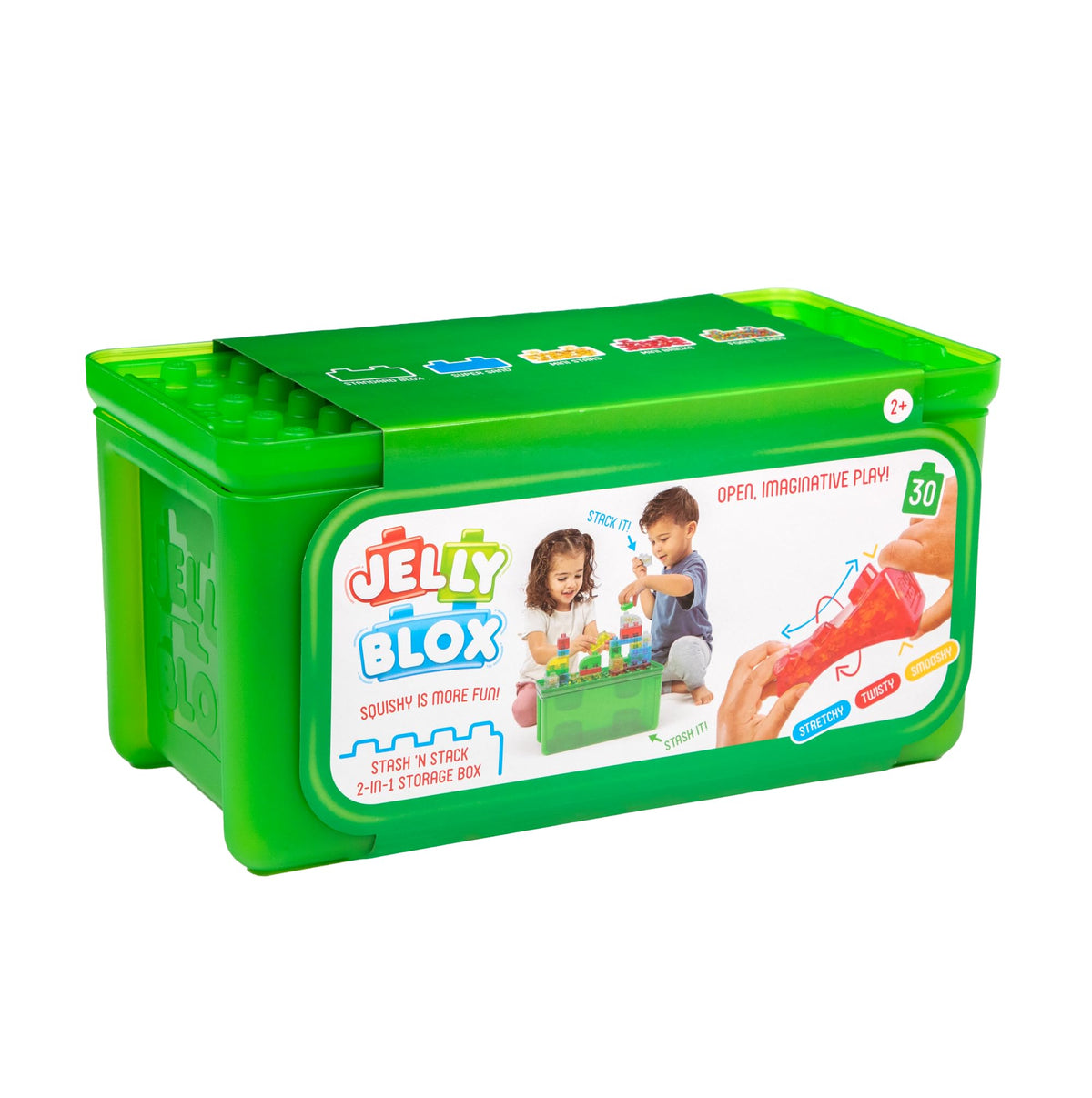 Jelly Blox Stash 'N Stack 2-in-1 Storage Case with 30 Blocks | Toddler & Preschool Building Blocks Kids Can Squeeze & Stretch | MESH ACCREDITED | Safety Tested & Ouch-Free | Sensory Play Toy Ages 2+