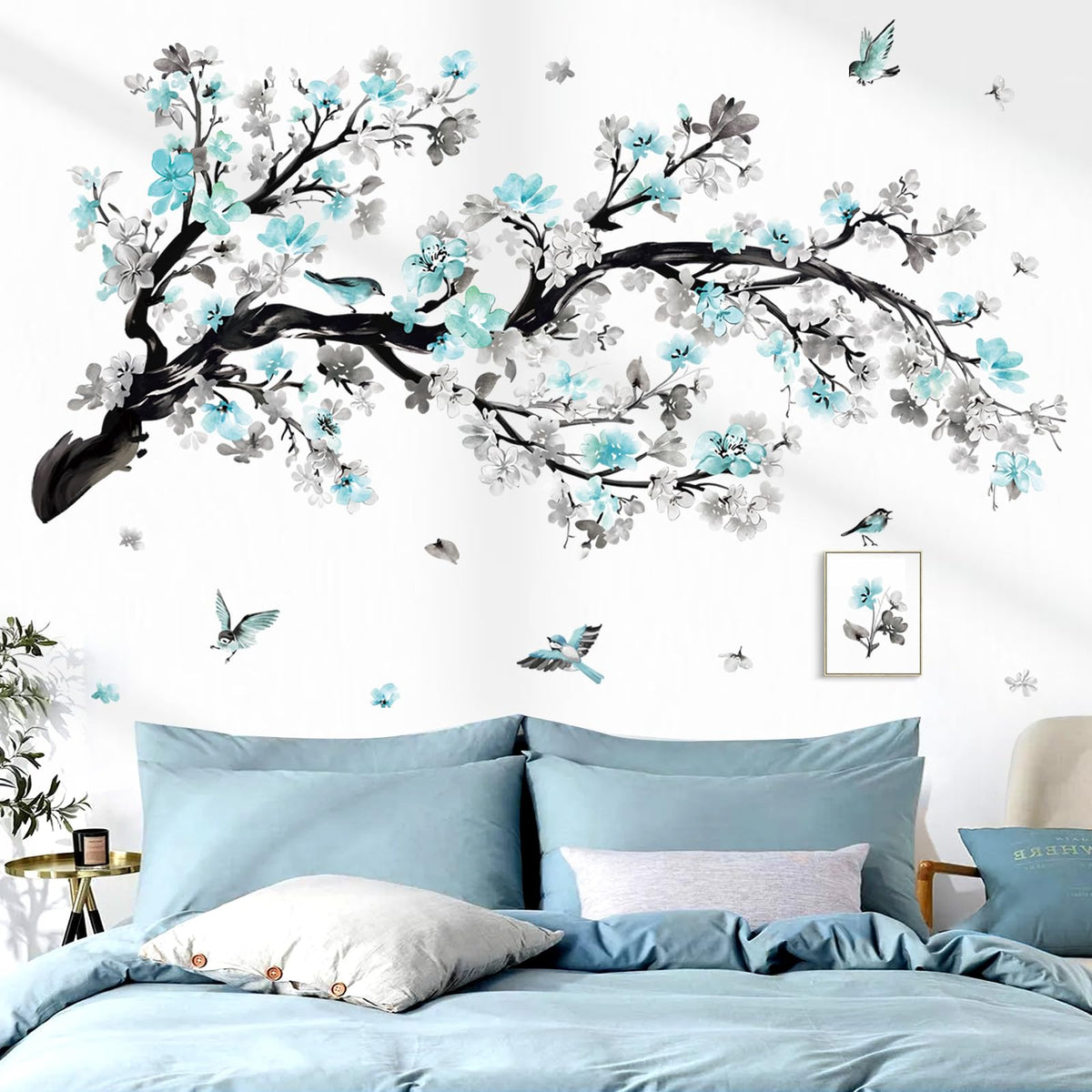 wondever Watercolor Blue Flower Branch Wall Stickers Blossom Tree Floral Birds Peel and Stick Wall Art Decals for Living Room Bedroom Sofa Background