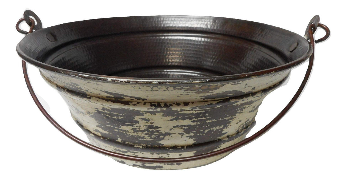 Simply Copper 15" Round Copper Vessel BUCKET Sink in Distressed Antique White Exterior with 13" Pump Faucet and Daisy Drain