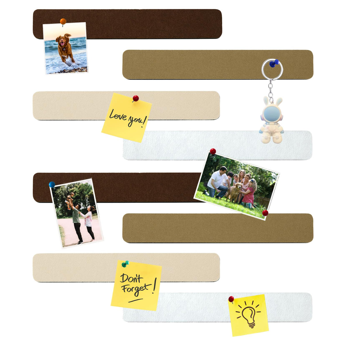 HULAVO 8Pcs Rectangle Felt Cork Board Bar Strips with 35 Pushpins, Self-Adhesive Bulletin Board Strips for Office School Home Wall Decor Stickers Memos Schedules Photos Display -Gradual Brown