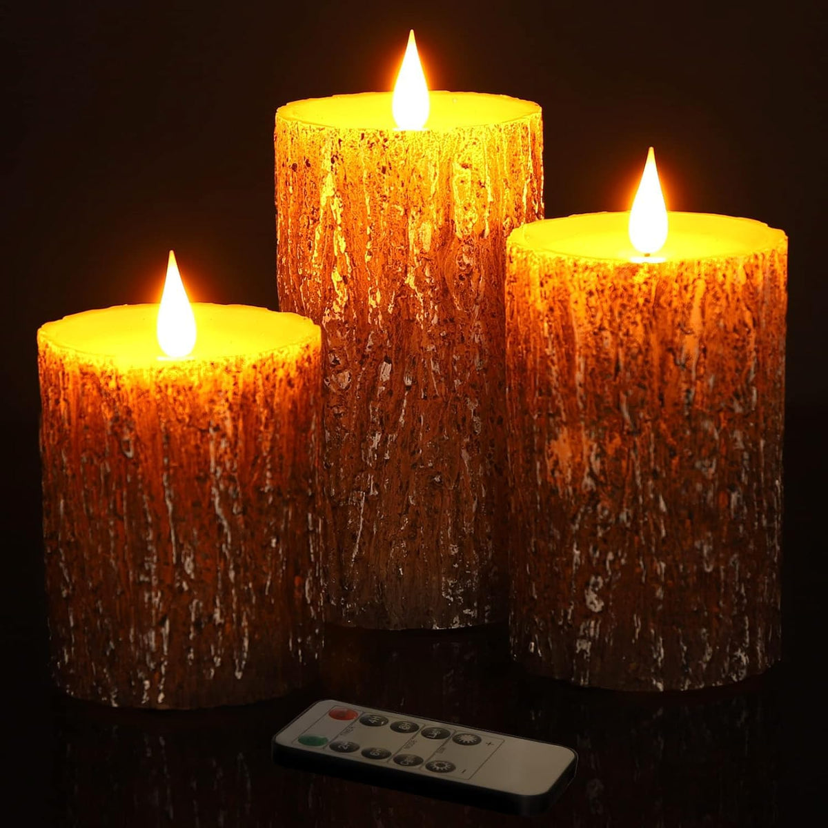 AKU TONPA Pine Bark Effect Flameless Candles Battery Operated Pillar Real Wax Flickering Electric LED Candle Sets with Remote Control Cycling 24 Hours Timer, 3" x 4" 5" 6" Pack of 3