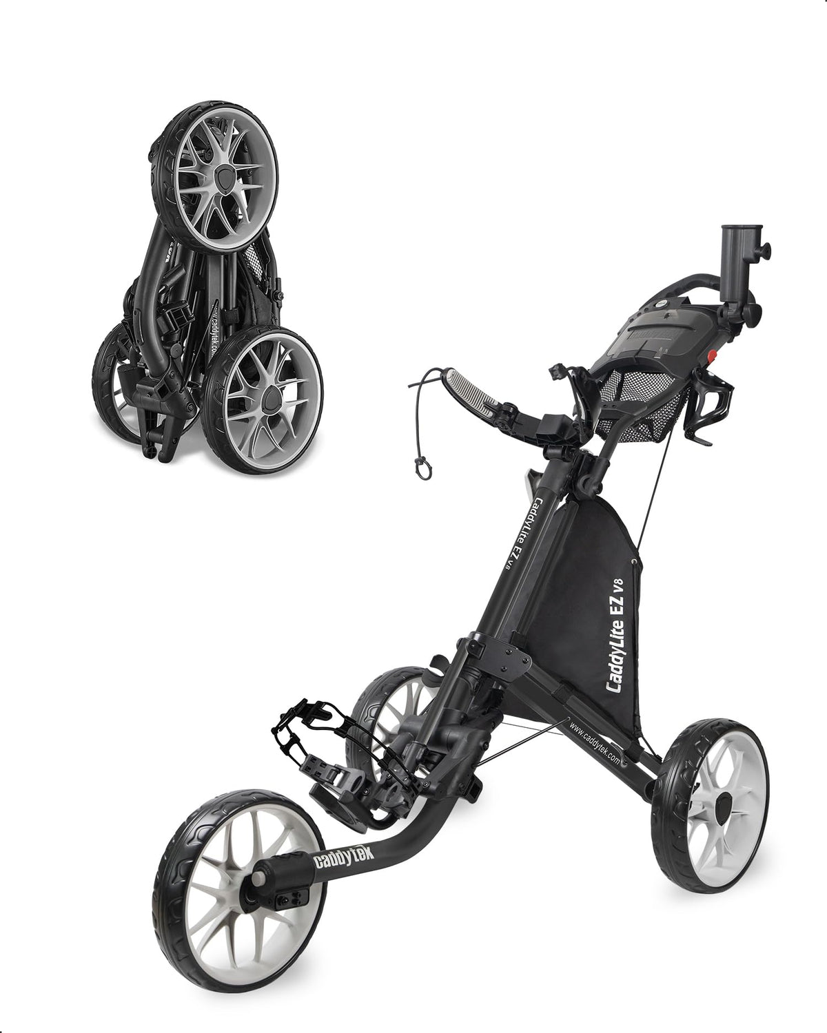 Caddytek CaddyLite EZ V8 Golf Push Cart - Lightweight 3 Wheel Foldable Cart with One-Click 2-Step Folding, EVA Wheels, Adjustable Handle, Cooler Basket, Umbrella & Drink Holder, Compact Golf Cart