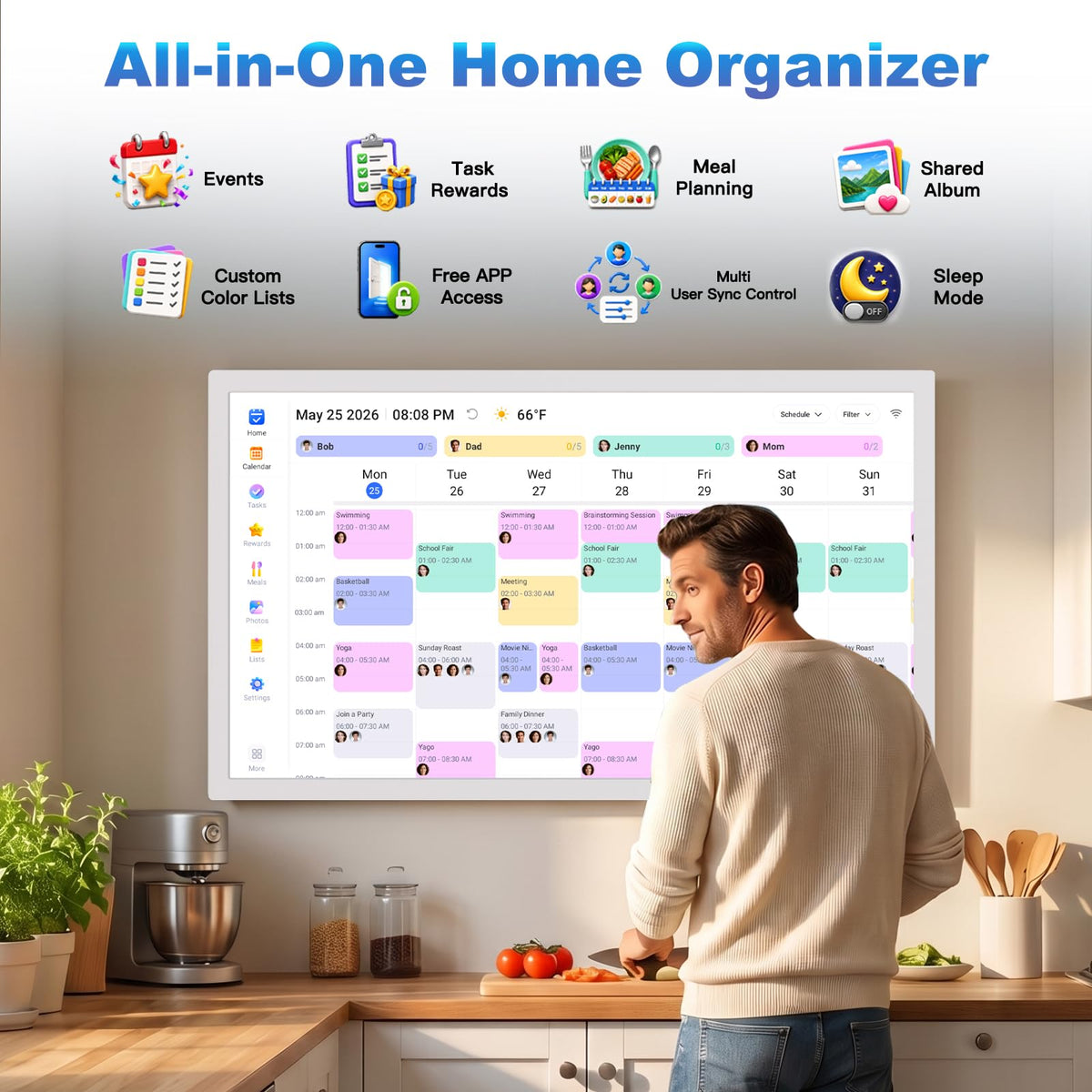 27" Digital Calendar Picture-Frame for-Wall-Planner – Touchscreen Electronic Calendar for Family Meal Schedules, No Subscription, Sync Online Cal, Chore Charts, Star Reward, Wall Mounted, Gift for Dad