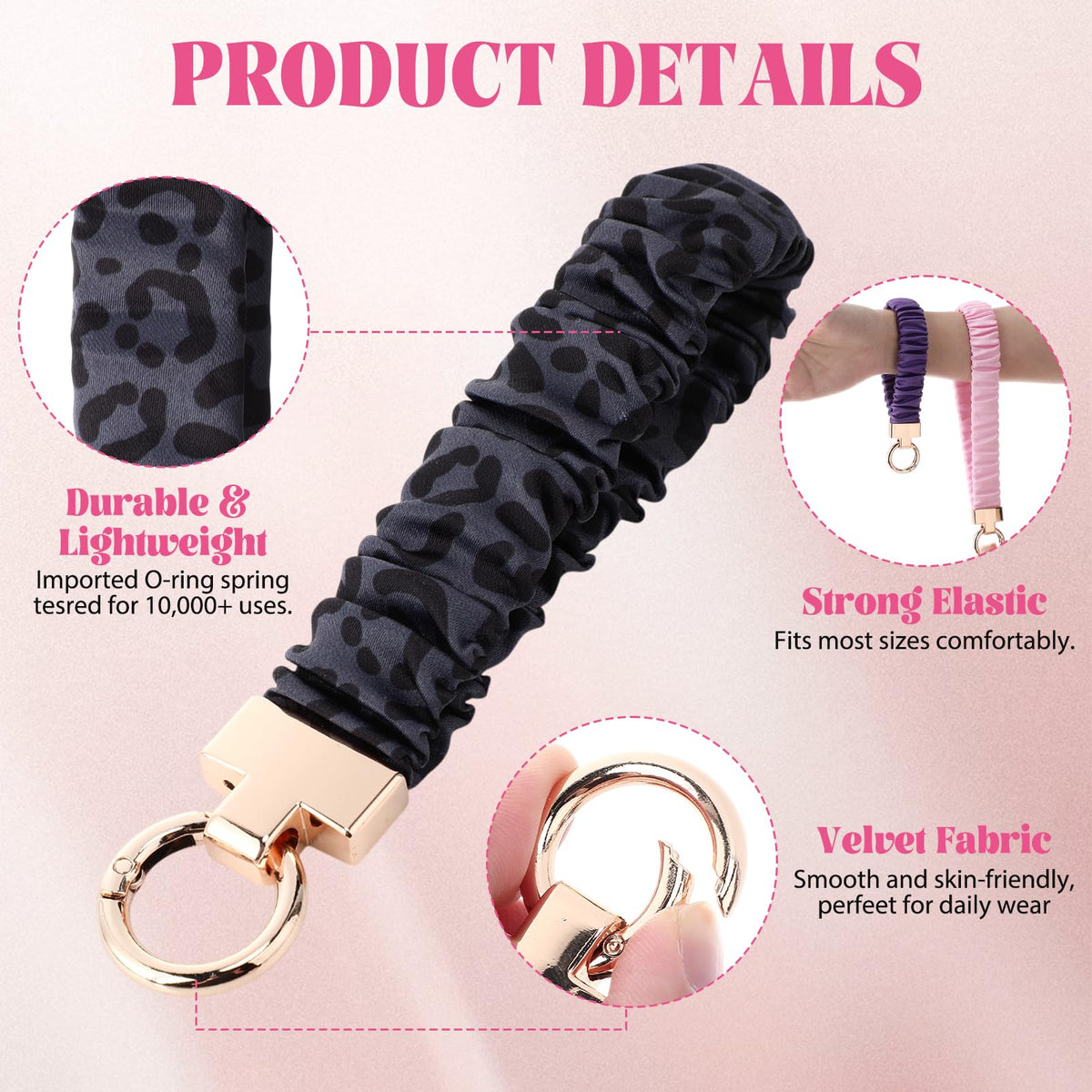 Sylixonae Cute Scrunchie Keychain Wristlet for Women & Men - Stretchy Car Key Holder with D Ring for Gym, Shopping, Travel (Black Leopard)