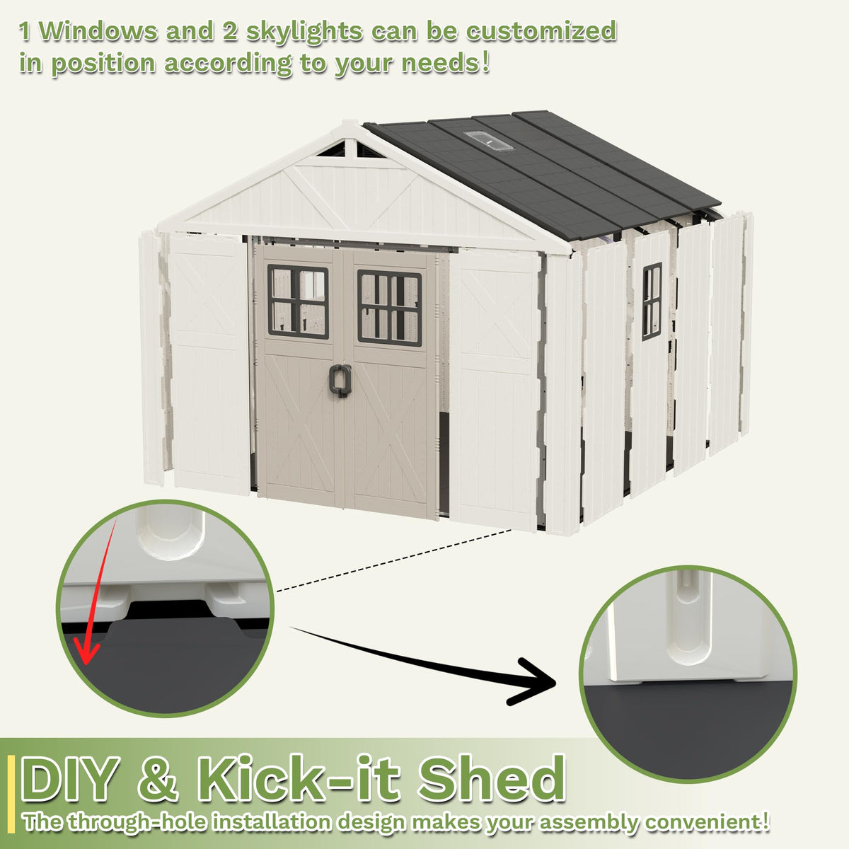Greesum 10×8FT Plastic Outdoor Storage Shed with Floor and Lockable Door, Resin Sheds with Windows and Skylights, Organization for Garden, Backyard, Pool Supplies, Beige