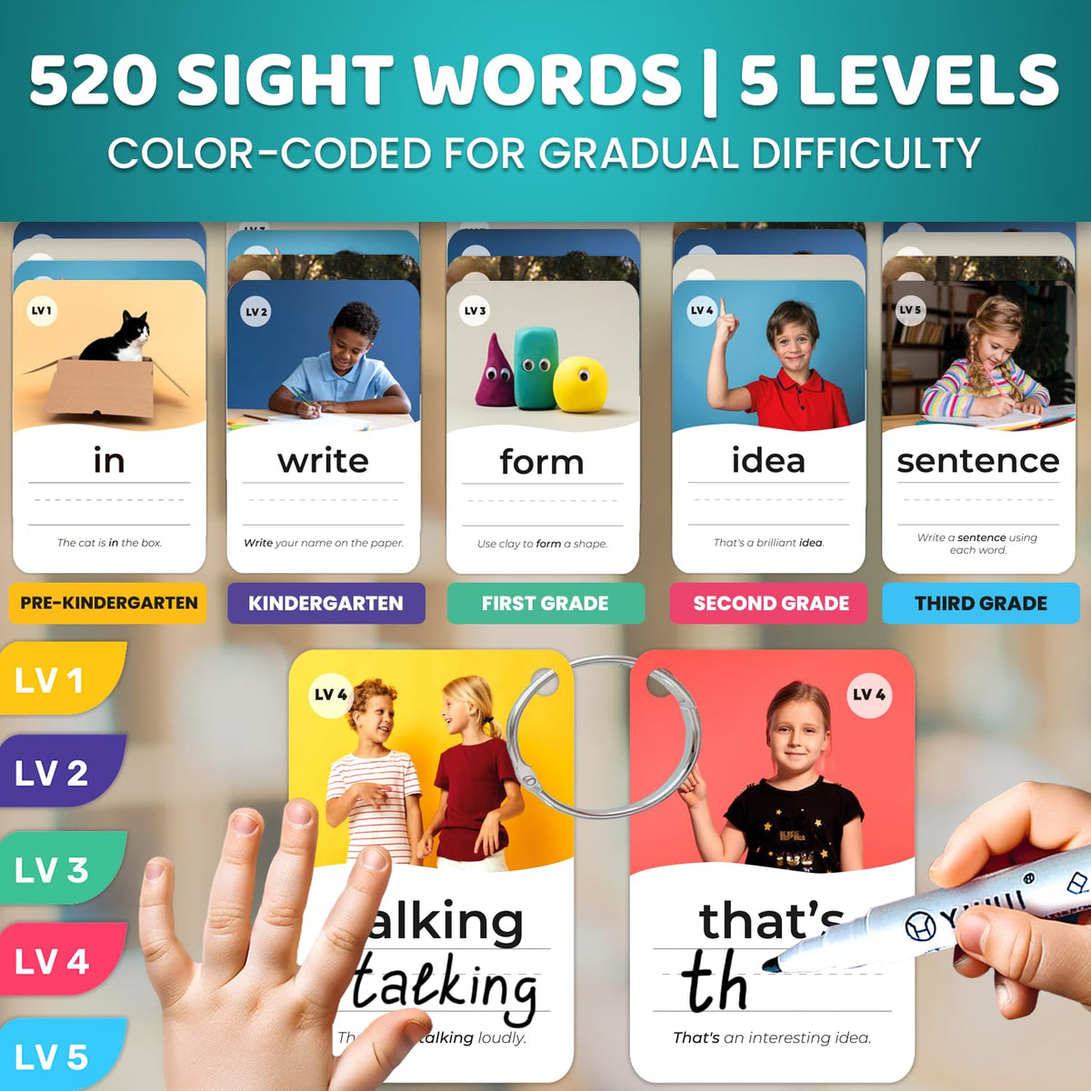 QUOKKA 520 Sight Words Flash Cards for Kids Adults – from Pre-K to 3rd Grade – 5 Levels & Bold Font & Jumbo Size & Dry Erase Cards with Realistic Images & Rings – Based on Dolch & Fry Word Lists