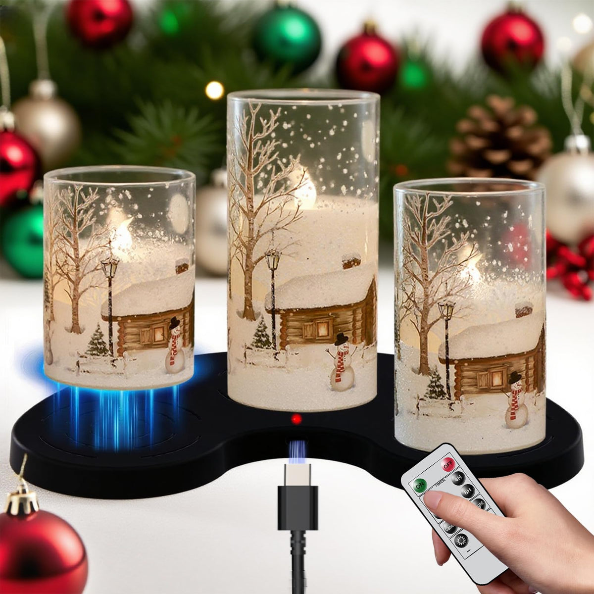 DRomance Snowman Glass Flameless Candles Rechargeable Battery Operated with Remote and Timer Real Wax LED Flickering Pillar Candles White Cold Light Window Christmas Holiday Decor D3 x 4",5",6"