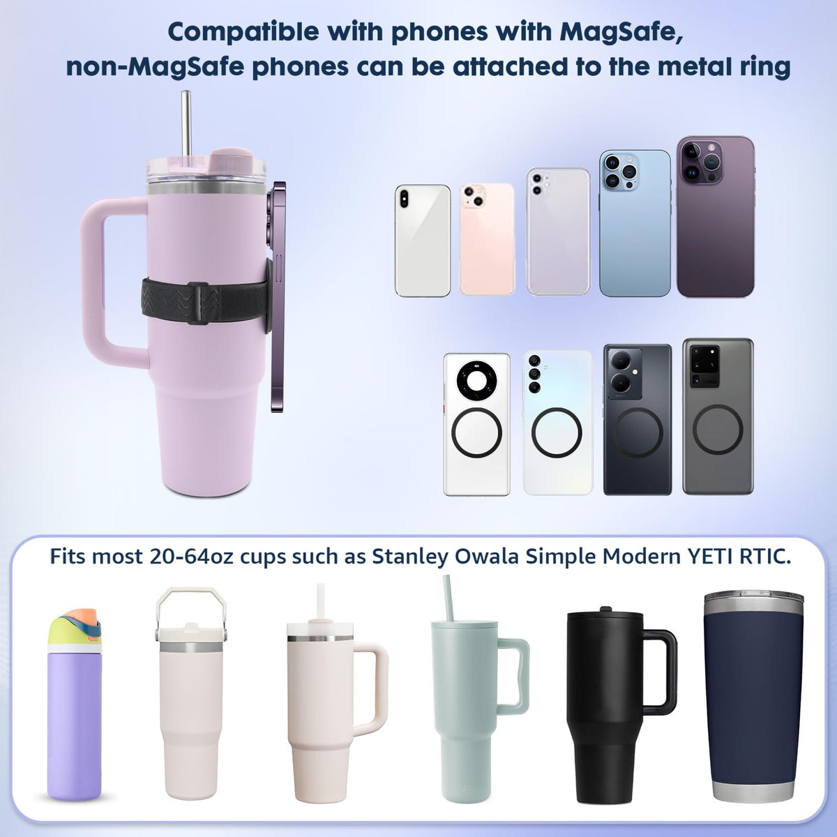 Water Bottle Phone Holder for MagSafe, Magnetic Holder Upgrade Silicone Anti-slip Adjustable Strap for Stanley Cup Gym Accessories, for iPhone & AirPods Owala Simple Modern Water Bottle w/2×Metal Ring