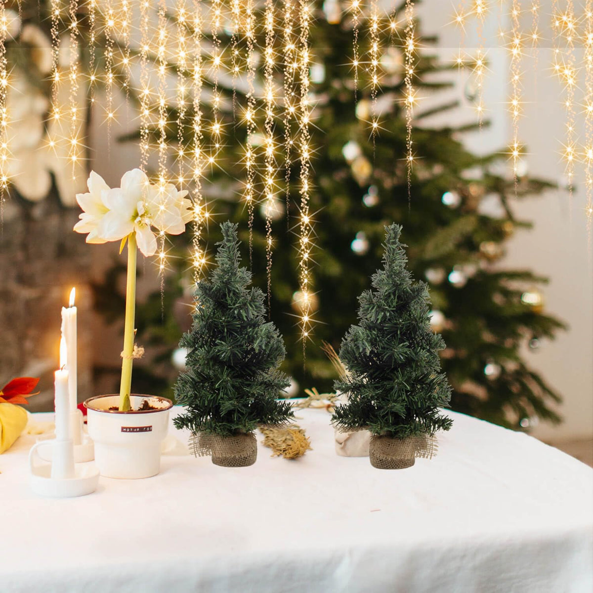 2Pack Mini Christmas Tree Table Top Decorations- Artificial Small Pine Trees with Burlap Base on Desktop, Shelves, Bedroom, Miniature Scenes Xmas for Home, Office, Party Decor