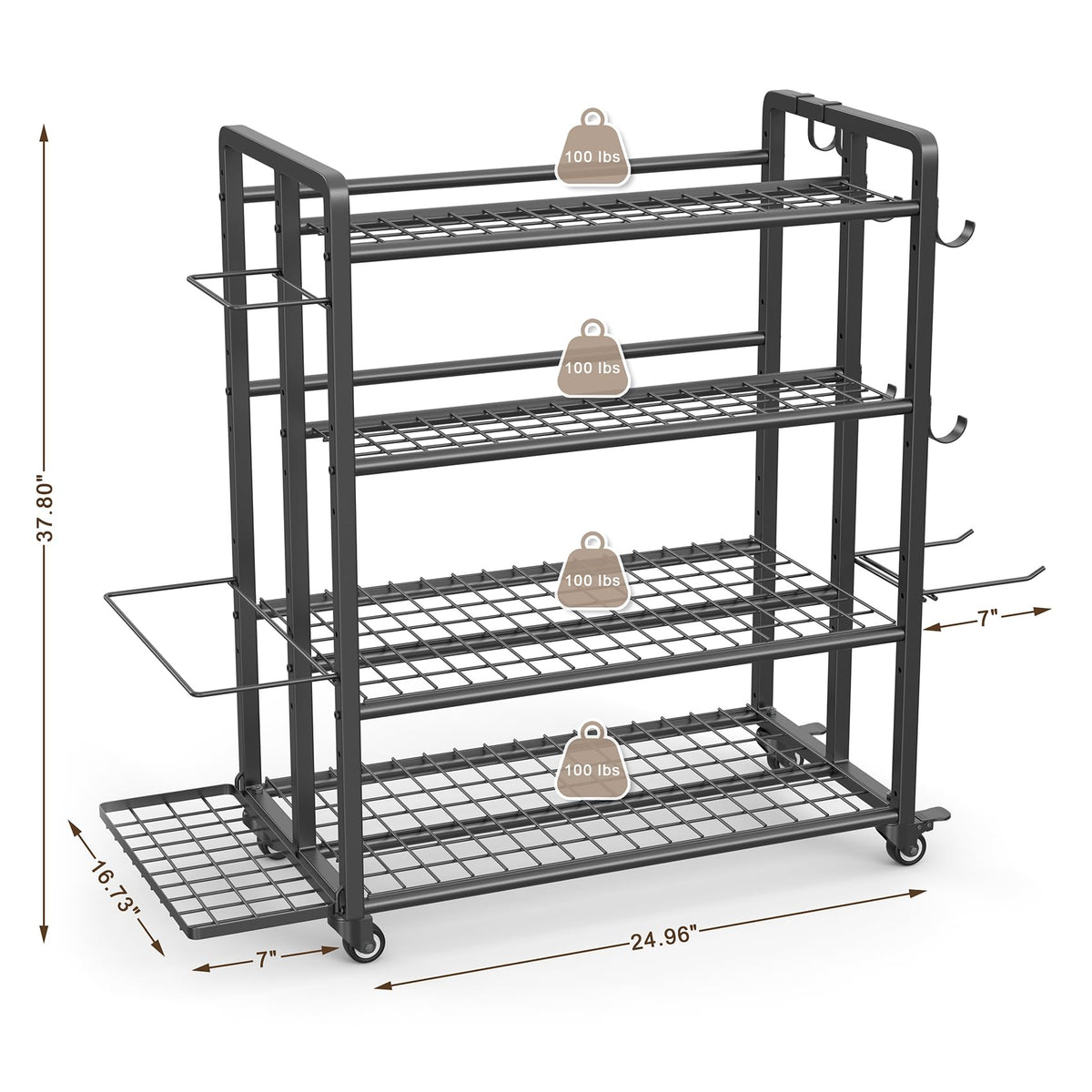4-Tier Dumbbell Rack Stand Only, Adjustable Weight Rack for Dumbbells Kettlebells Yoga Mat, Home Gym Storage Rack with Wheels and Hooks, Powder Coated Finish (Large)