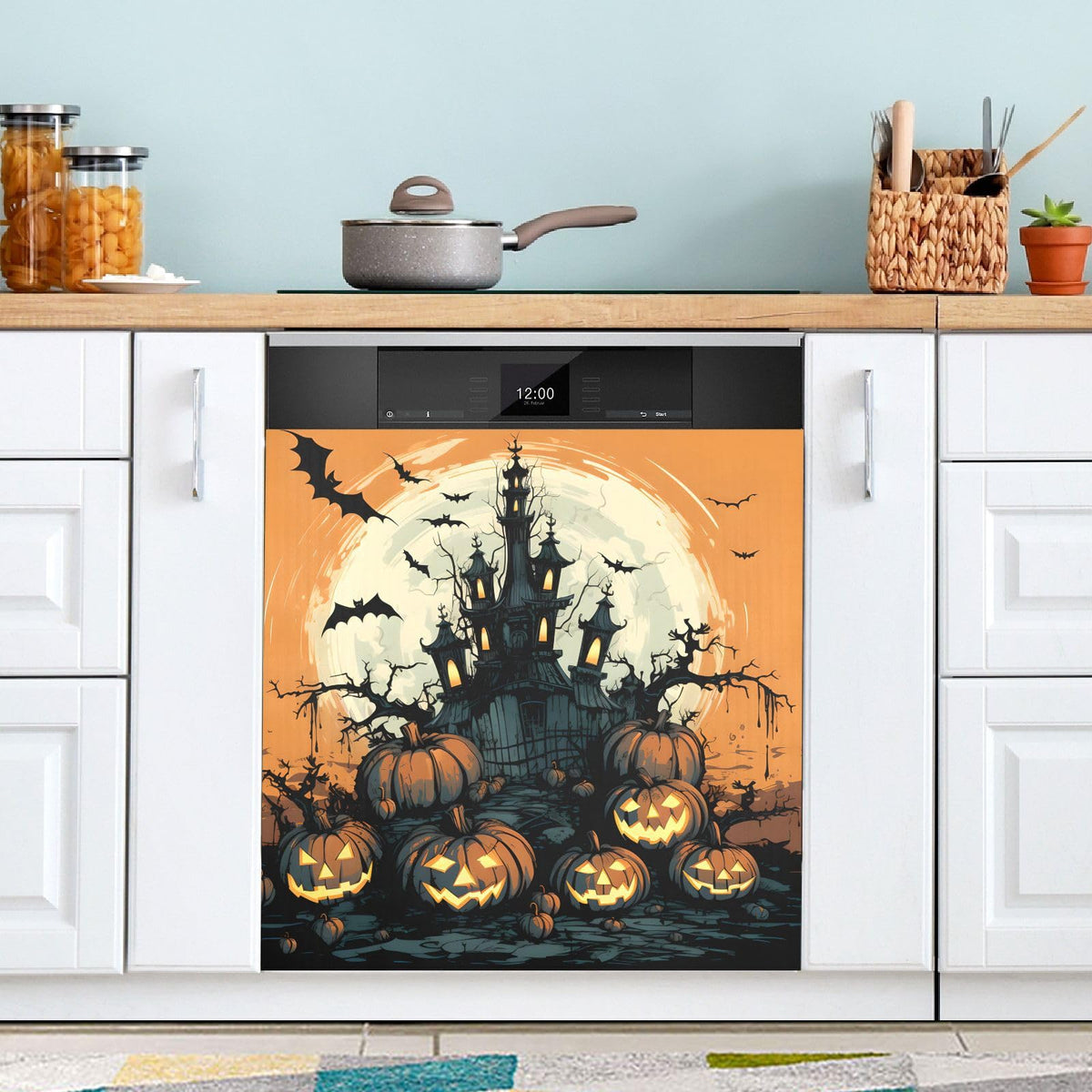 JIPONI Dishwasher Magnetic Cover Halloween Pumpkin Bat Dishwasher Magnetic Kitchen Art Decor, Dish Washer Magnet Sticker 23 W x 26 H Inch
