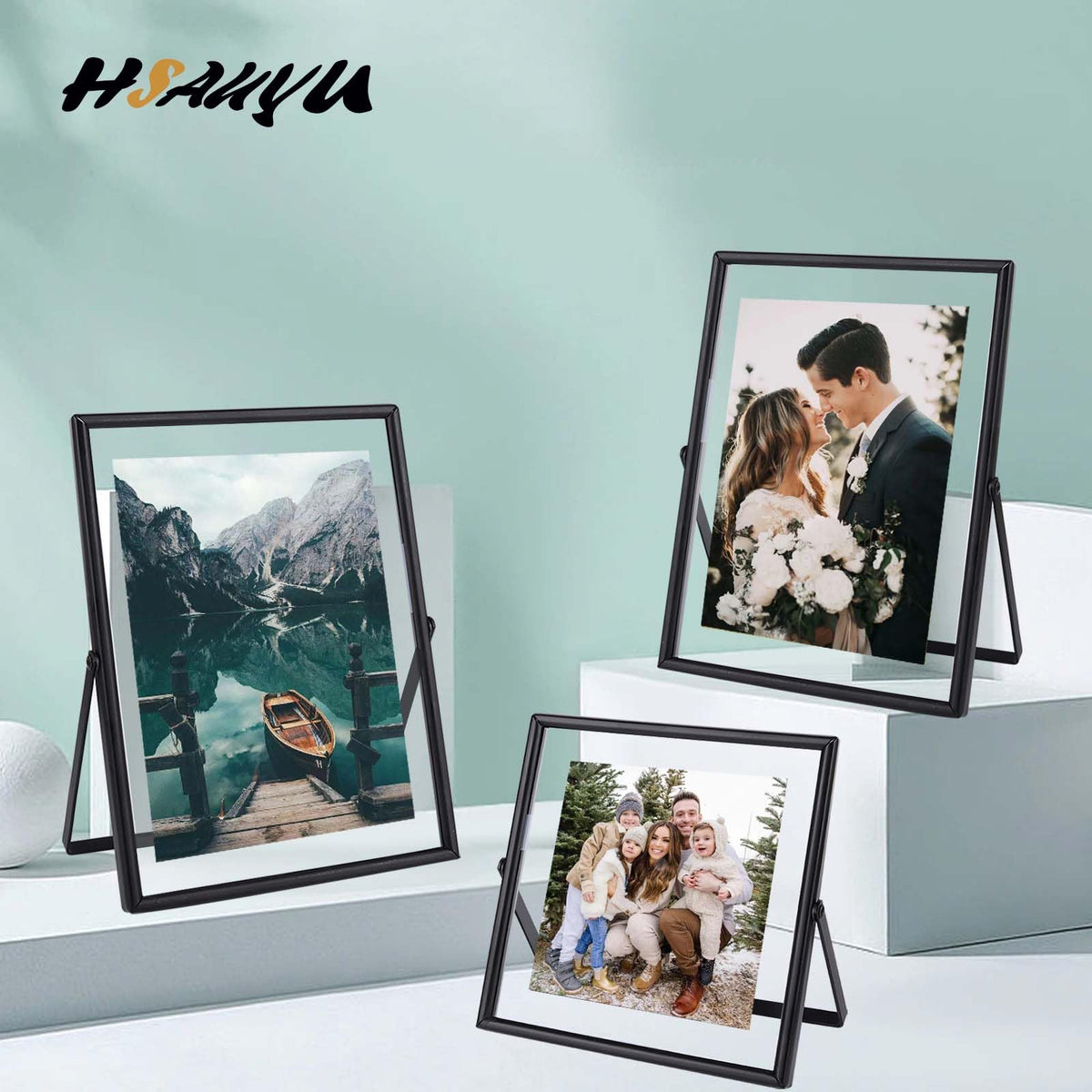 HSAUYU Glass Picture Frame Set of 3, Black Simple Metal Geometric Photo Frame with Glass Cover Includes 5x7, 4x6, 4x4 - Tabletop Floating Picture Frames for Home Decoration, Gift for Father's Day