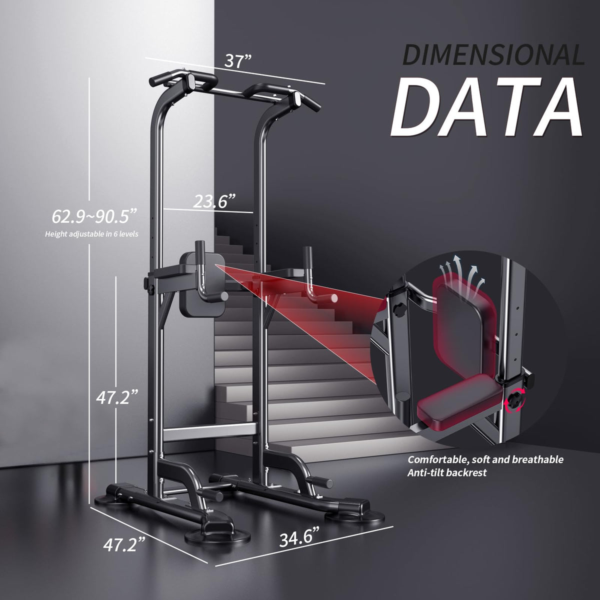 Power Tower Adjustable Height Pull Up & Dip Station Multi-Function Home Strength Training Fitness Workout Station for Home Gym (X)