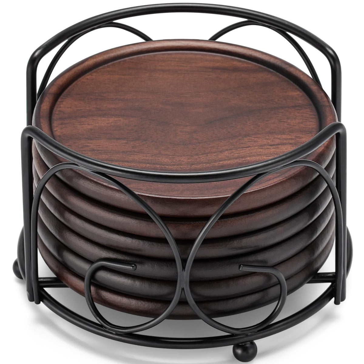 Wood Coasters with Metal Holder, GOH DODD Set of 6 Walnut Wooden Coaster Tabletop Protection for Drinks Coffee Table Home Kitchen Office Bar Living Room Decor Housewarming Gifts Wedding Party, 4 Inch