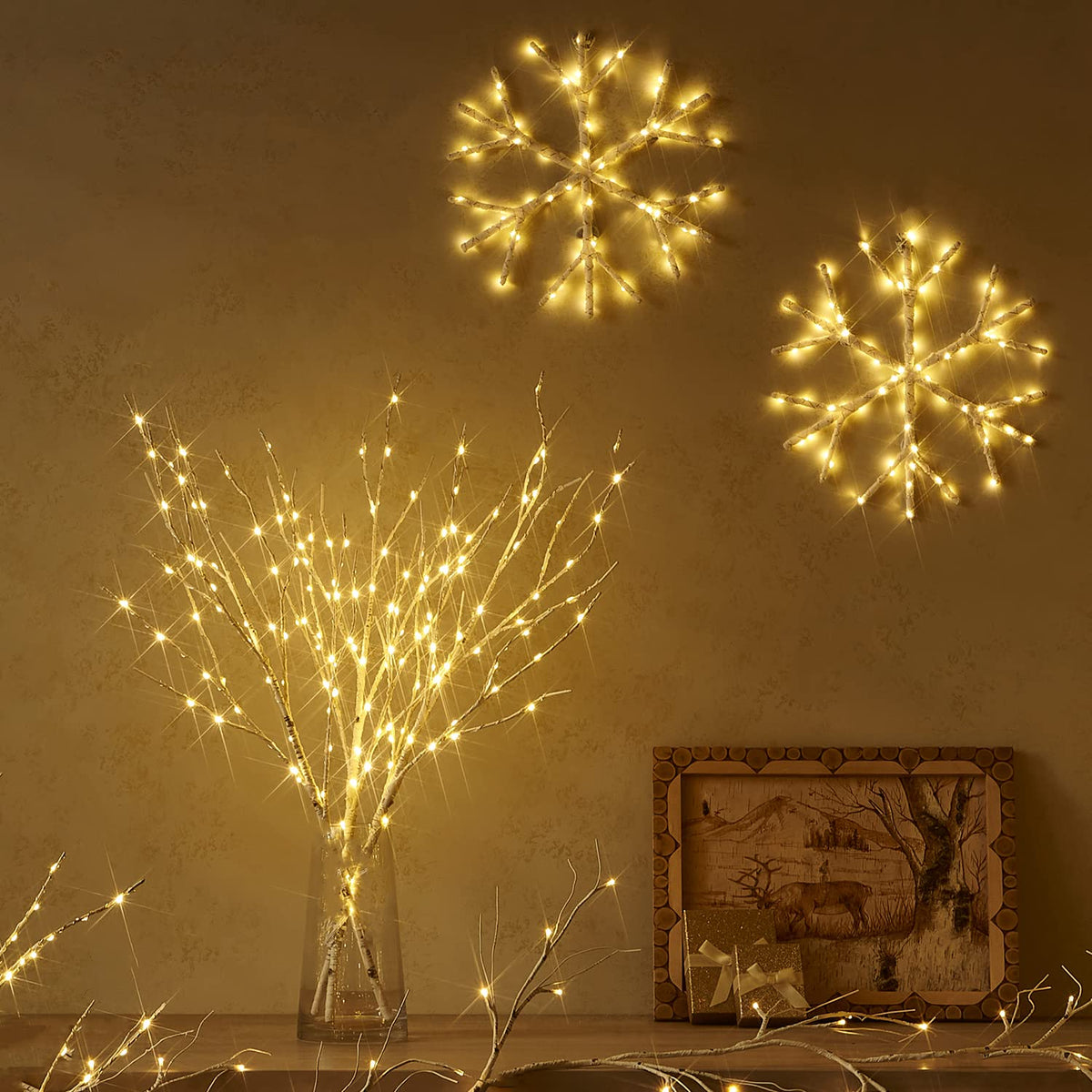 Fudios Lighted Snowflake LED Warm White Battery Operated with Timer 70L Fairy Lights 14in for Christmas Wall Window Winter Decoration Indoor Outdoor use