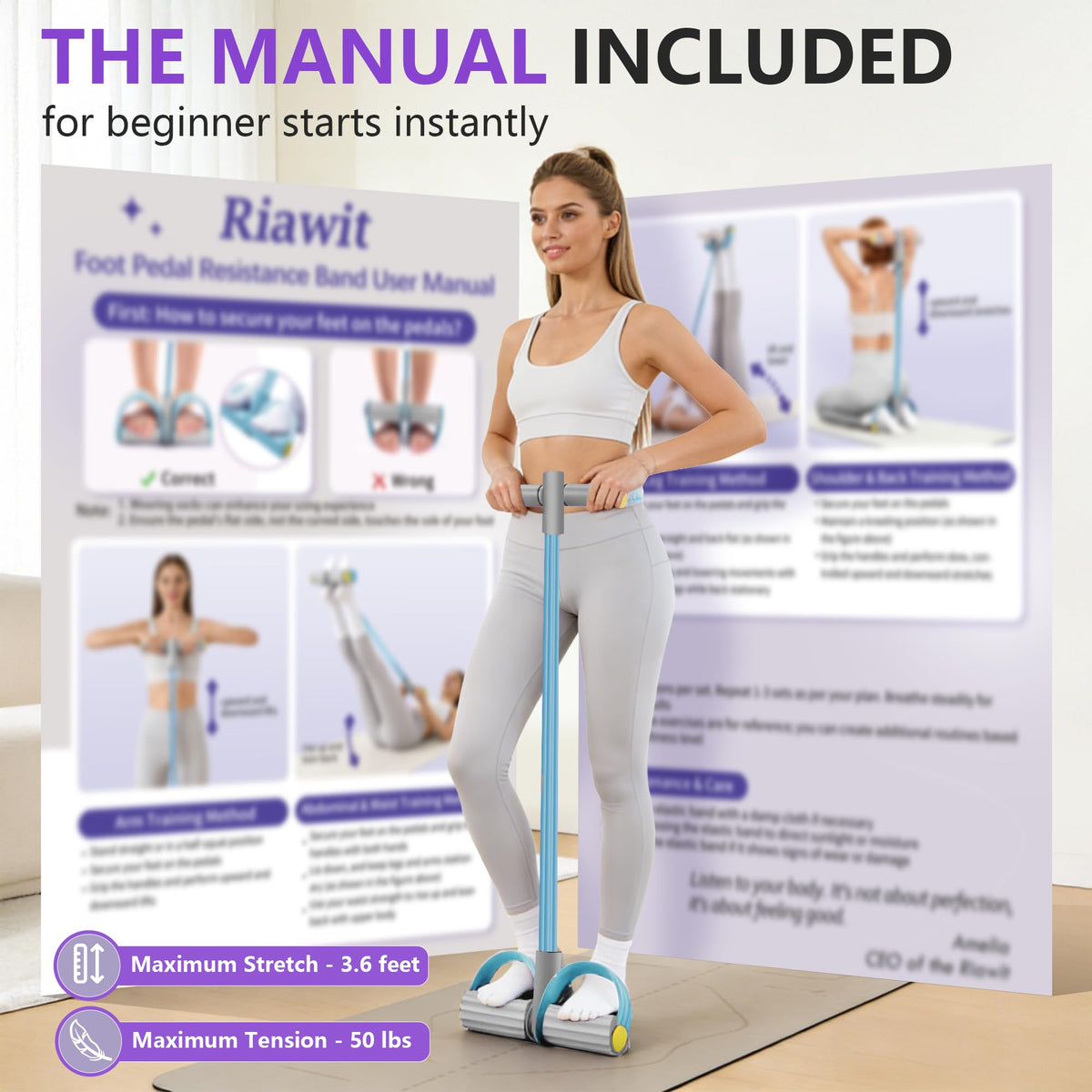 Upgraded Pedal Resistance Band with Handle, Soft Durable Fashion Puller Exercise with Thickened 6 Tension Ropes, Tube Pedal Resistance Device for Abdomen, Waist, Arm, Leg, Core/ABS (Gray & Blue)