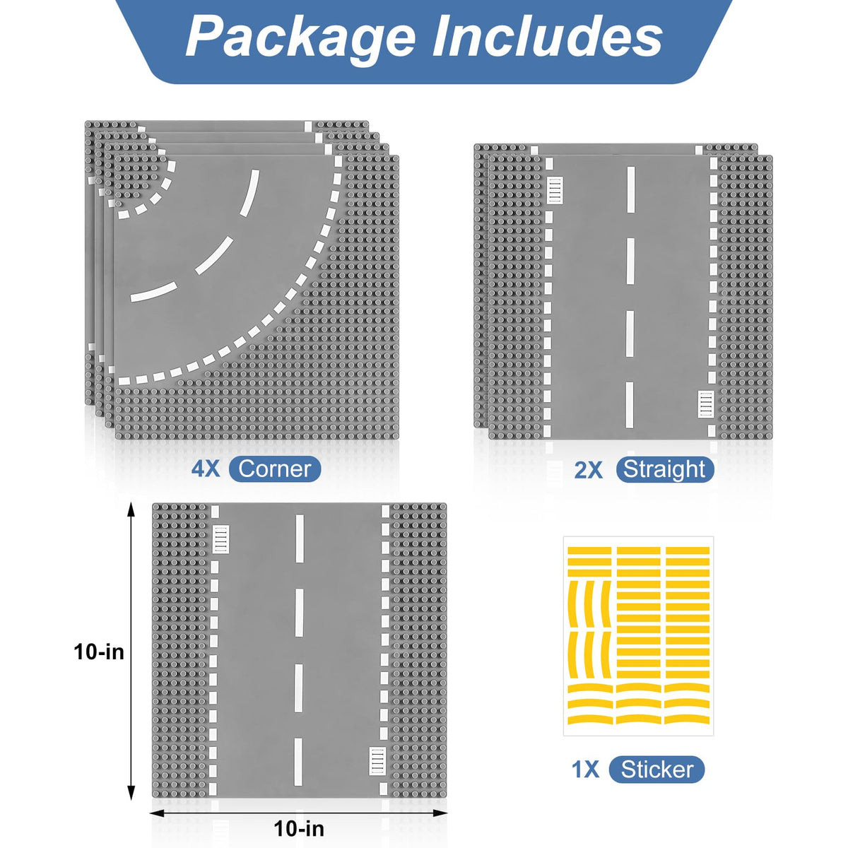 6 Pack Road Base Plates for Building, Compatible with Lego Classic Bricks, 10” x 10” Baseplates Fits for Lego Roads, Road Base Plates for City Sets (Attached DIY Stickers)