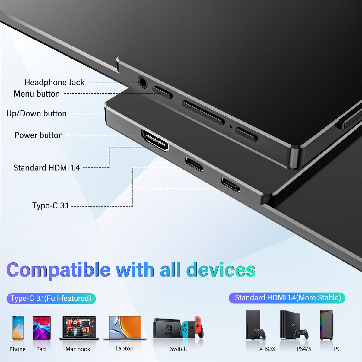InnoView 15.6'' Portable Monitor for Laptop FHD 1080P USB-C Travel Monitors Built-in 90° Adjustable Stand Without Bag, HDR IPS Portable Laptop Monitor for MacBook PC Phone Xbox PS4/5 Switch