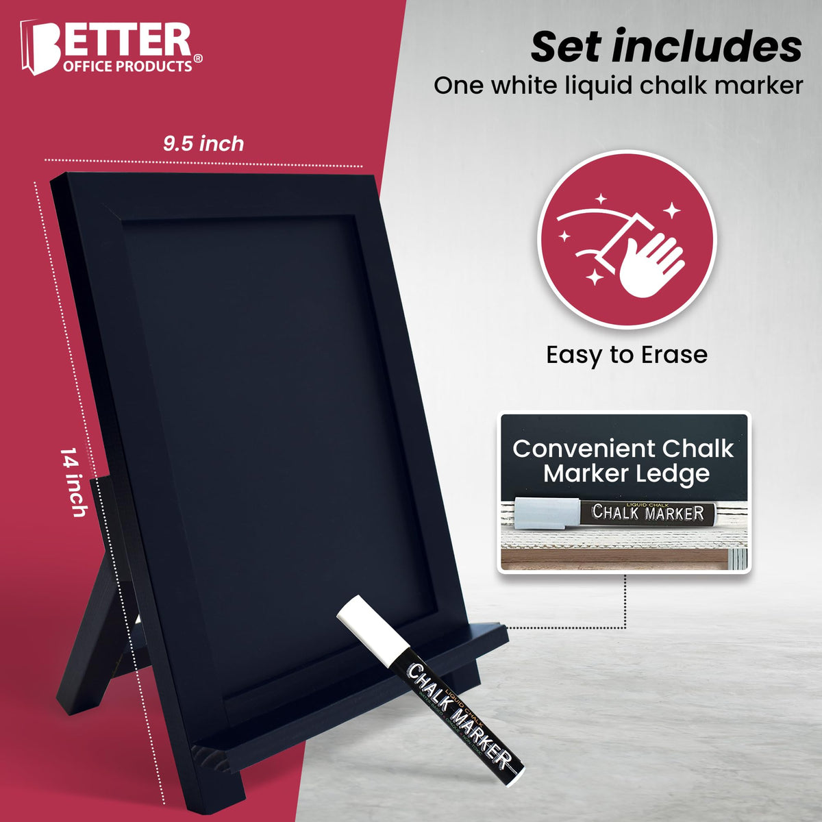 Framed Tabletop Chalkboard Sign, 9.5" x 14", Rustic Wood Frame, Small Magnetic Chalkboard with Built-in Ledge, Folding Stand, & One White Chalk Marker, by Better Office Products (Solid Black)