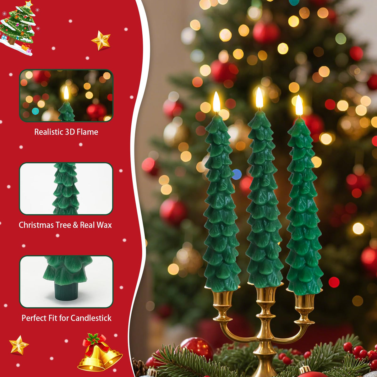 Fo32won Christmas Tree Shaped Flameless Candlesticks Battery Operated with Remote and Timer, Set of 4 Real Wax LED Taper Candles with 3D Flickering Wick for Christmas Decoration Gift