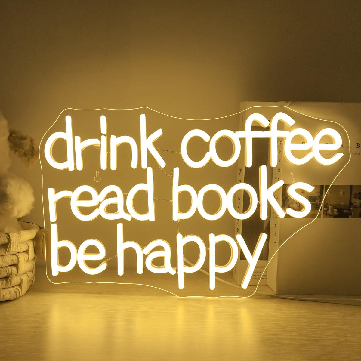Looklight Drink Coffee Read Books Be Happy Neon Sign Warm White Read Books Led Neon Light for Wall Decor Dimmable USB Neon Light Up Signs for Classroom Coffee Shop Bookstore Library Museum Study Room