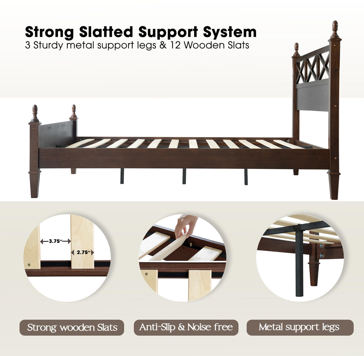 King Size Solid Wood Platform Bed Frame with Headboard & Footboard, 12 Durable Slatted Base with Metal Legs, Easy Assembly, Slip-Free & Anti-Noise, No Box Spring Needed, Dark Roast Oak Finish RIK-32