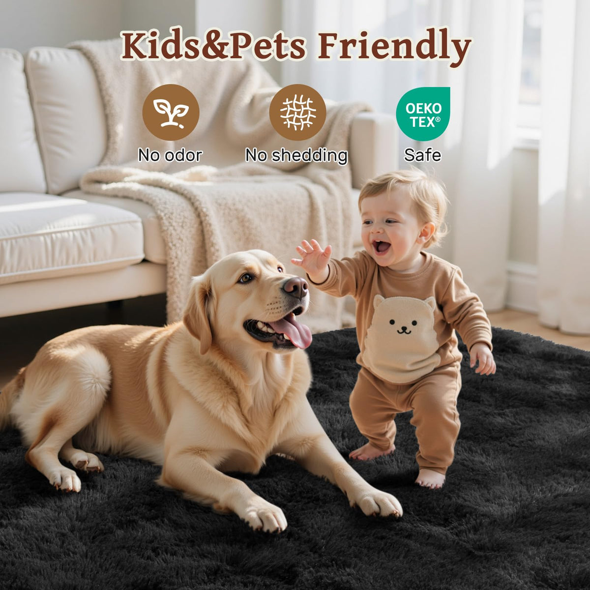 5x7 Black Area Rugs for Living Room, Large Fluffy Shag Bedroom Rugs Non-Slip, Ultra Soft Plush Carpet for Nursery Kids PlayRoom Dorm Office Indoor Modern Carpets