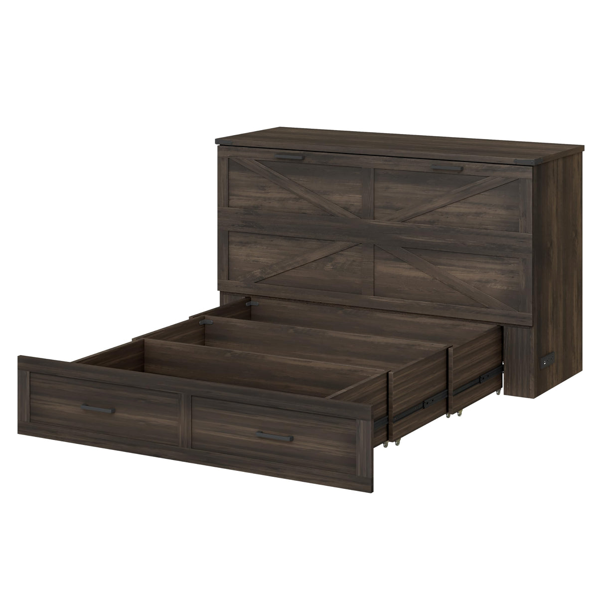 Bellemave Queen Murphy Bedframe, Cabinet Bed with Charging Station and Storage, Farmhouse Murphy Cabinet with Foldable Panel, Noisy Free, for Guest Bedroom, Living Room, Office, Rustic Gray