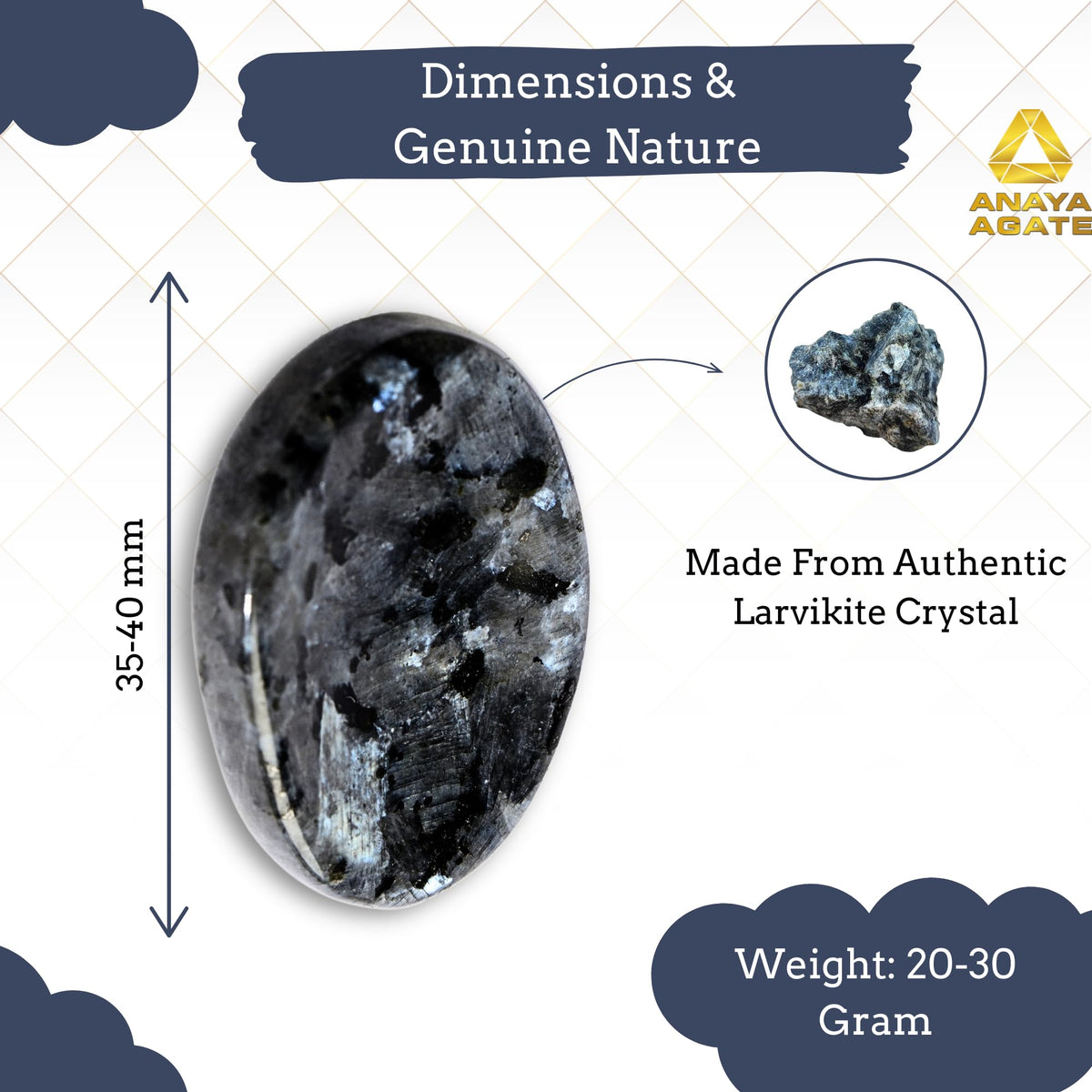 Anaya Agate Larvikite Worry Stones Certified Crystal Thumb Worry Stone for Anguish, Relaxing and Soothing Balance Stones for Meditation, Stress Relief Crystals and Healing Stones for Men, Women