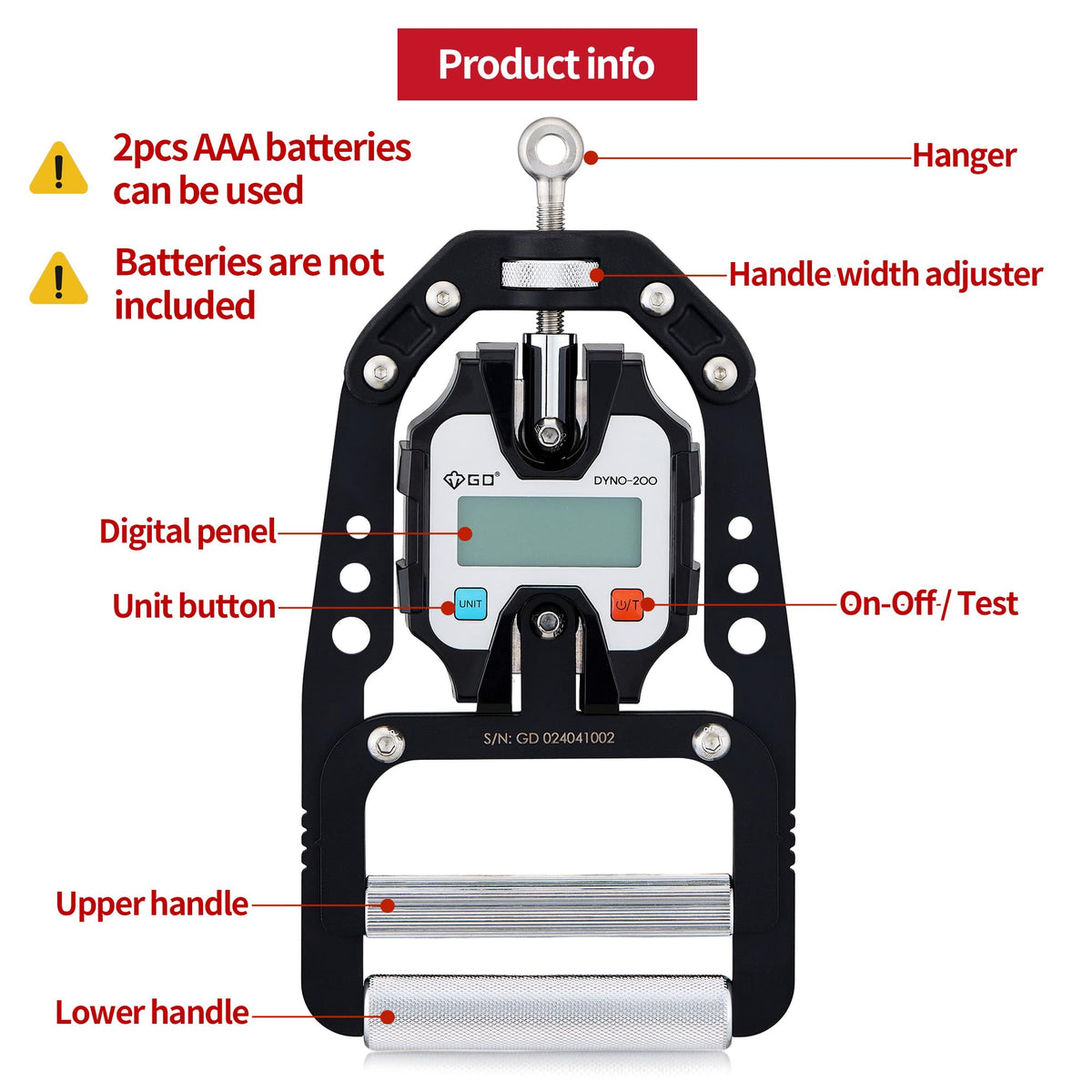 (NEW) GD DYNO-200 Digital Hand Dynamometer Grip Strength Measurement Electronic Hand Grip Strength Tester Grip Strengthener Hand Exerciser 440 Lbs (200 Kgs)