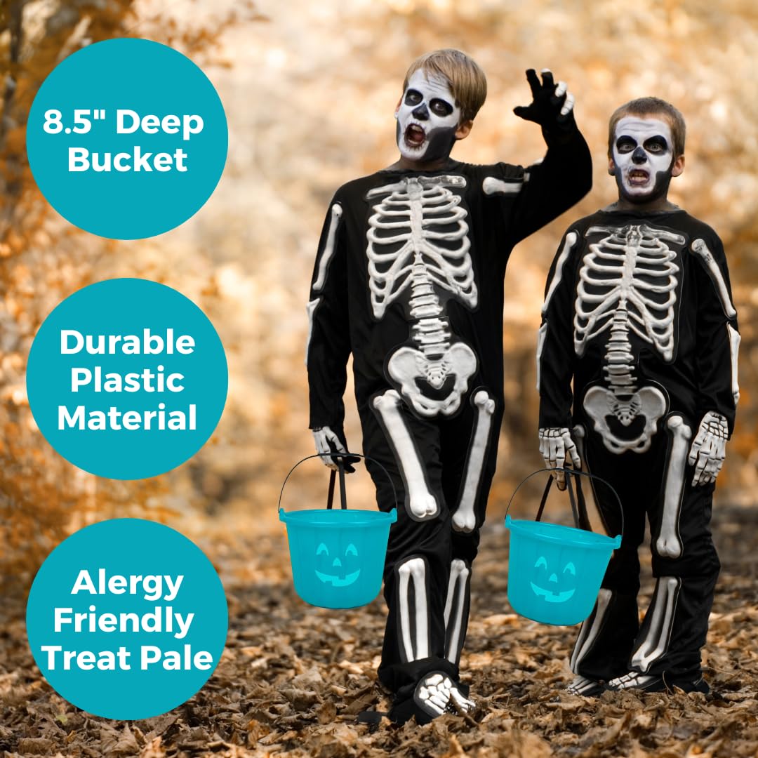 Teal Pumpkin Halloween Trick or Treat Bucket 8.5 in (2 Pack)-Official Teal Pumpkin Project Allergy-Friendly Candy Pail Accessory and Party Decoration Supplies, Haunted House Plastic Bowl w Handle