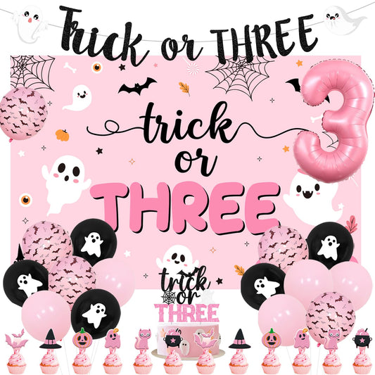 Trick or Three Theme Halloween 3rd Birthday Party Decorations Trick or Three Backdrop Banner Number 3 Foil Balloon Halloween Theme Cake Cupcake Toppers for Halloween 3rd Birthday Party Decor Favoers