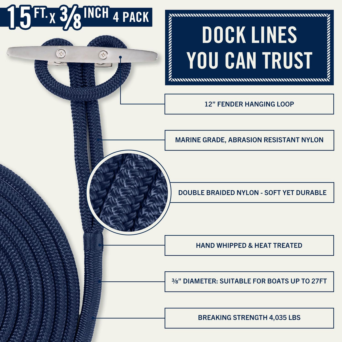 RainierSupplyCo Dock Lines 1, 2 & 4 Pack - Boat Rope for Docking with Loop - Premium Double Braided Nylon Marine Rope - Mooring Line with Eyelet - Boat Accessories