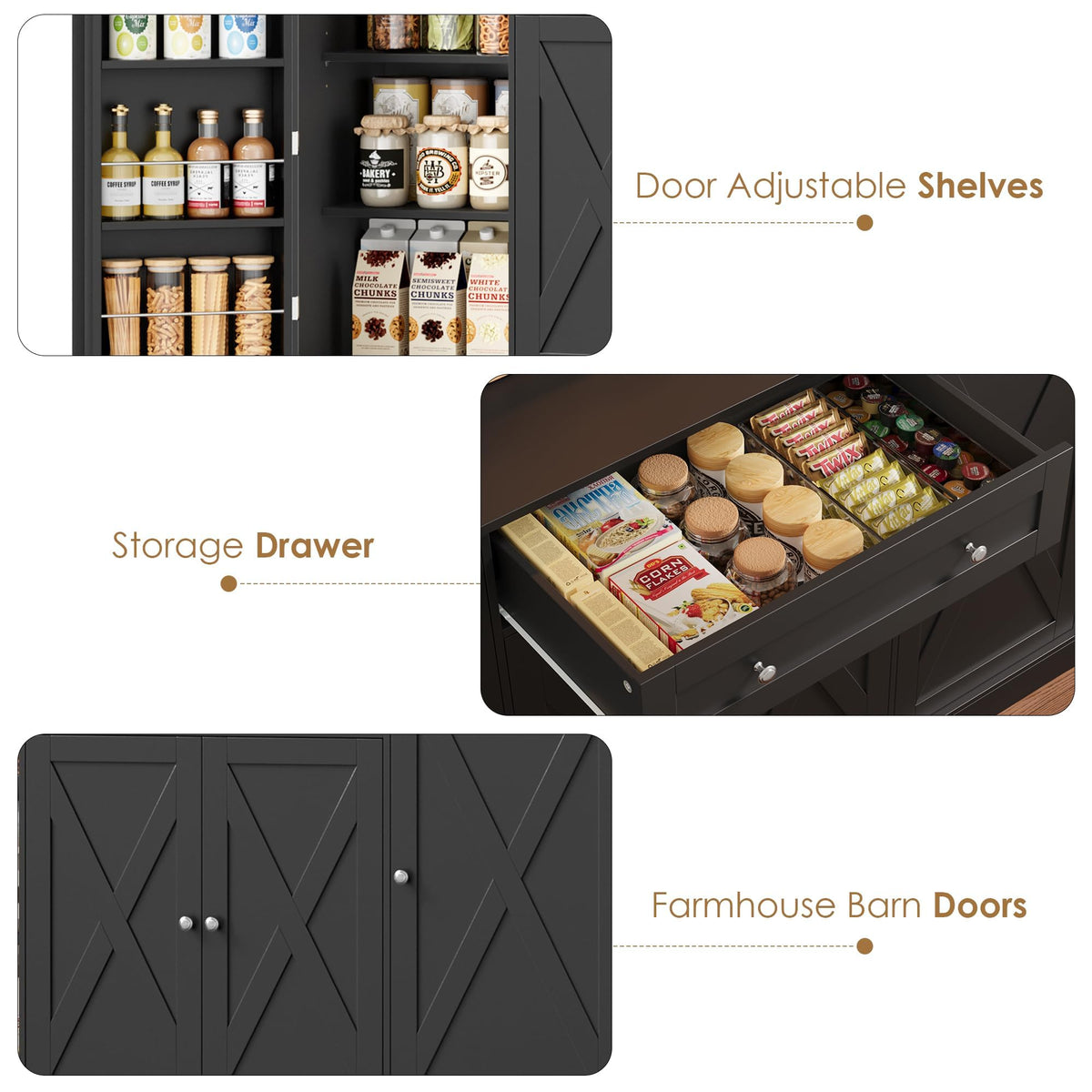 HIFIT 72.8” LED Kitchen Pantry Cabinet with Charging Station, 55” Wide Pantry Storage Cabinet with Large Countertop&Shelves&Drawers, Farmhouse Kitchen Hutch Coffee Bar for Living Room, Black
