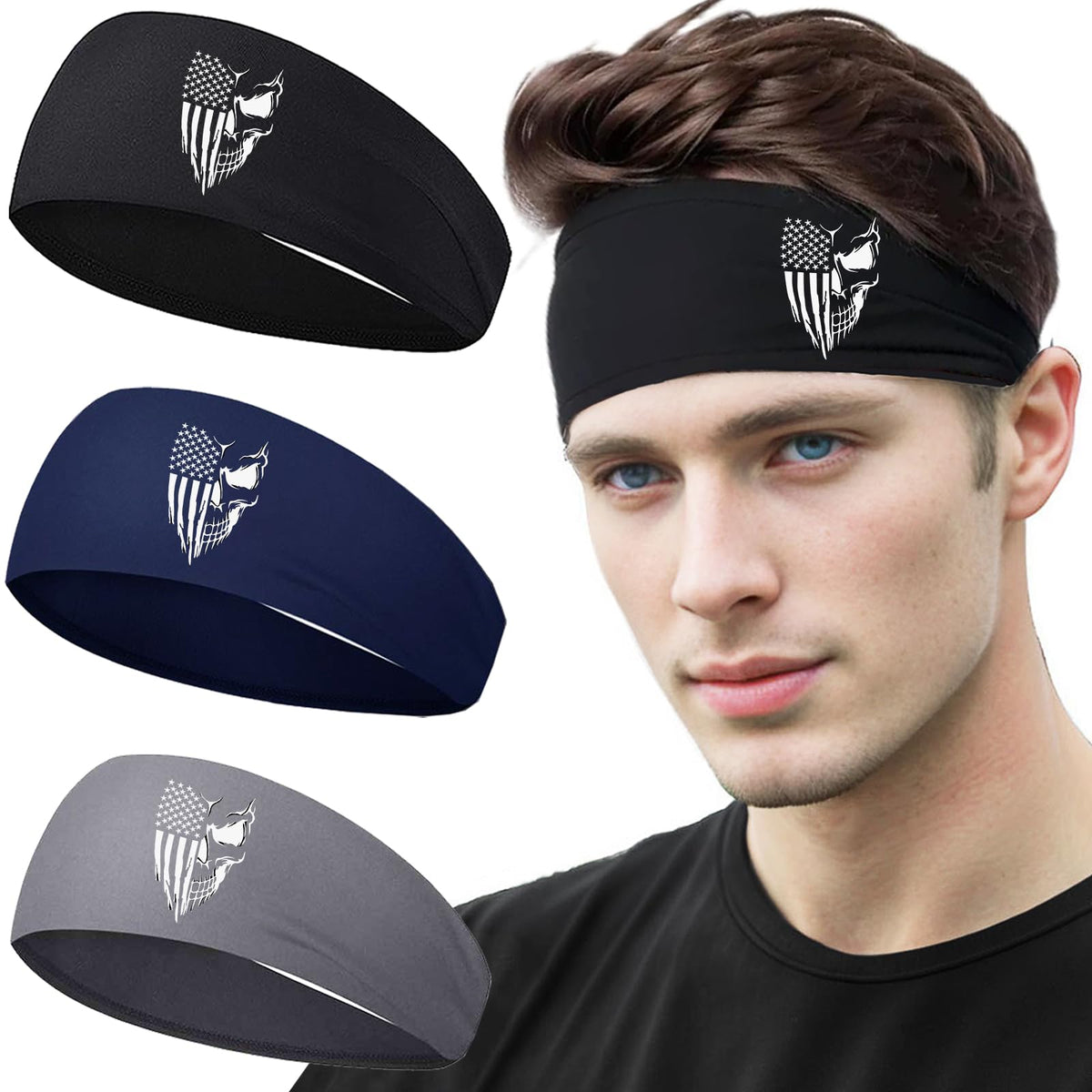 Sweat Bands Headbands Men Sport Headbands Sweatbands for Men 3 Pcs American Flag Skull Cooling Headband Mens Workout Head Bands for Sweat Elastic Hairband for Running Tennis Gym Hiphop