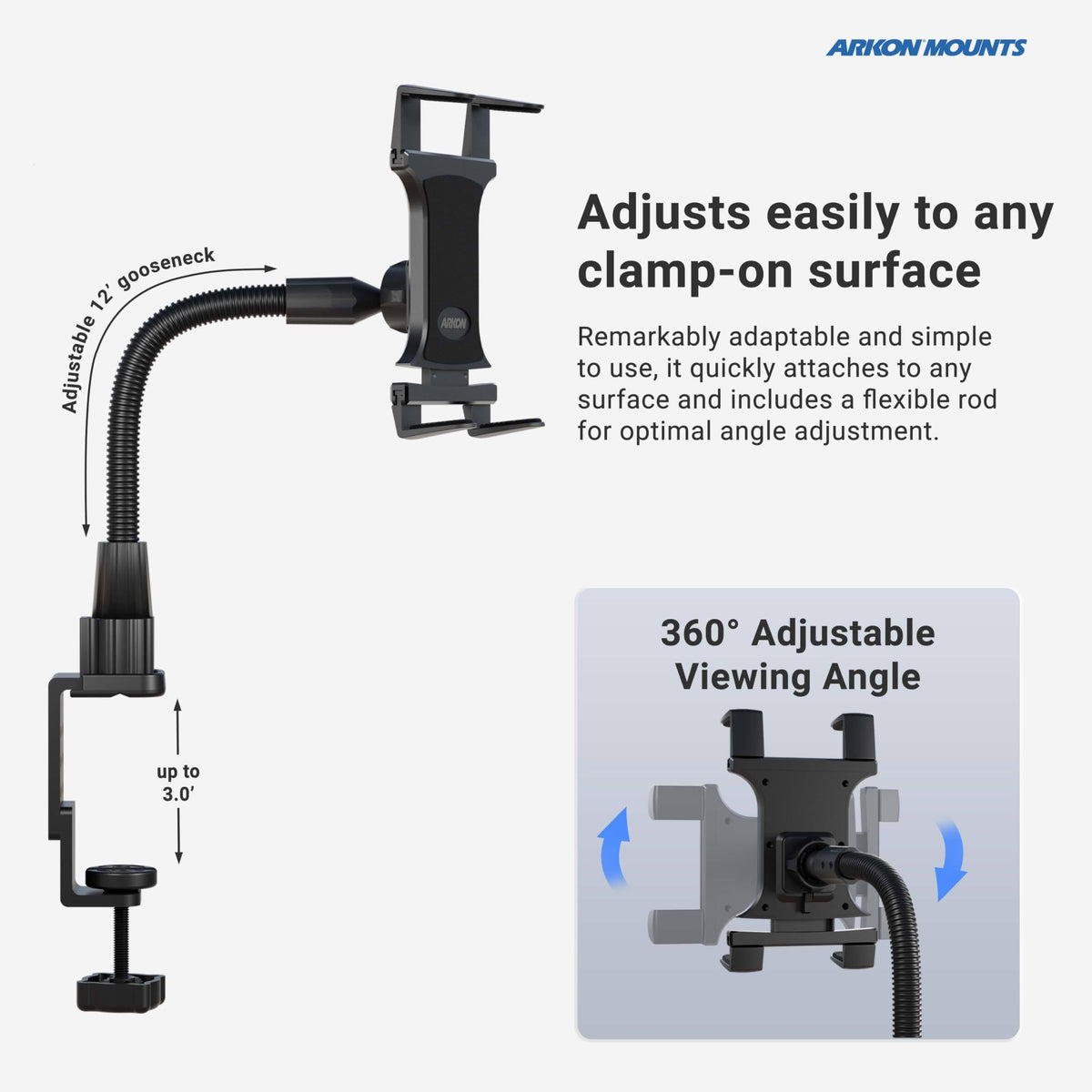ARKON Mounts - Heavy Duty Tablet Holder with Clamp Mount and 12-Inch Bendable Gooseneck Arm | Versatile Tablet Stand with Easy Install & Durable Support | Securely fits iPad, Galaxy, Note, and more