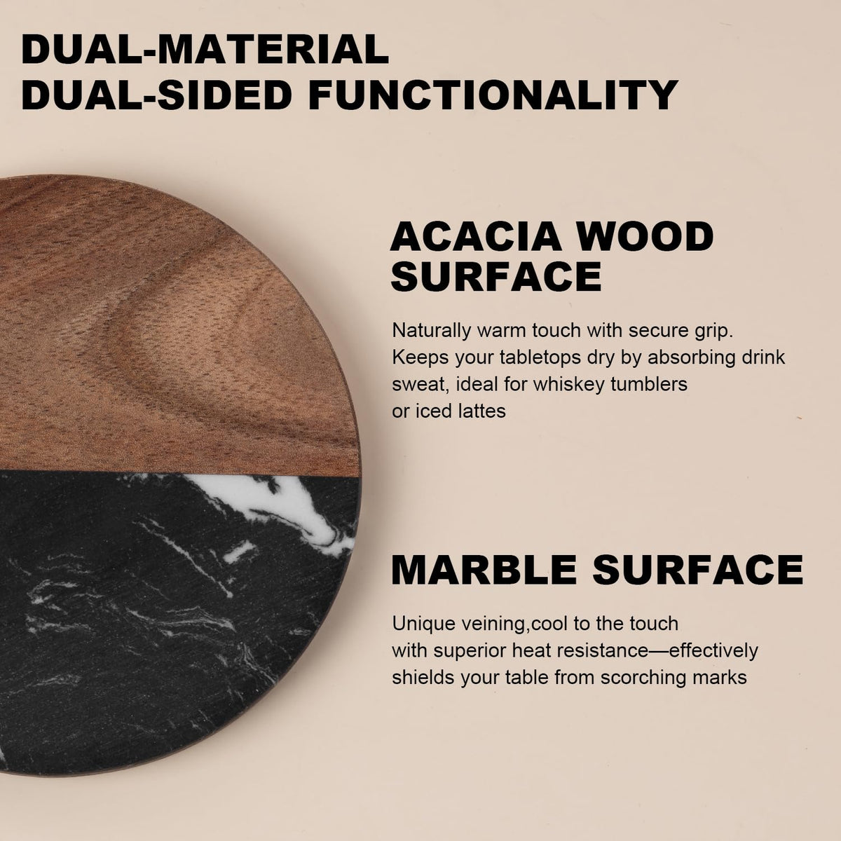 Marble Coasters: 4-Piece Set of Acacia Wood Marble Coasters, Suitable for Kitchens, Offices, and can be Used as Gifts (Black Round)