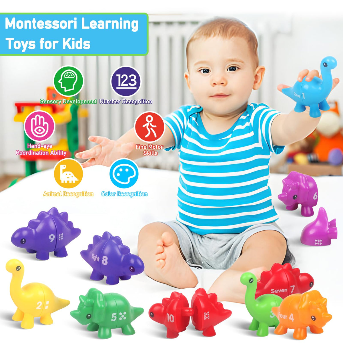 Numbers Matching Game 10 Pcs,123 Counting Dinosaur Toy Montessori Learning Toys for 12 Months Toddlers Kids Ages 1 2 3 4 5 Years Old, Mathematics Educational Preschool Fine Motor Skill Dinosaur Set
