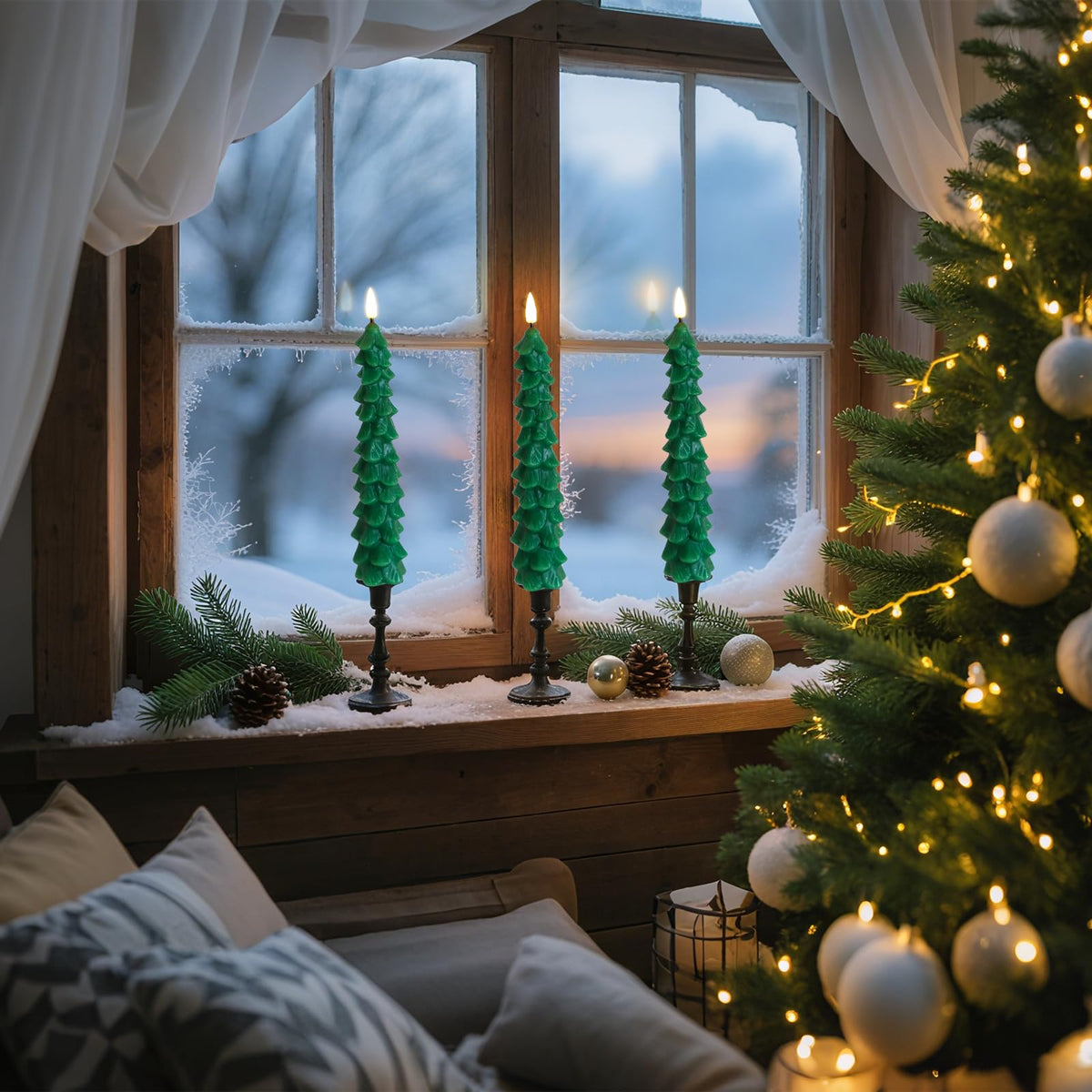 Fo32won Christmas Tree Shaped Flameless Candlesticks Battery Operated with Remote and Timer, Set of 4 Real Wax LED Taper Candles with 3D Flickering Wick for Christmas Decoration Gift