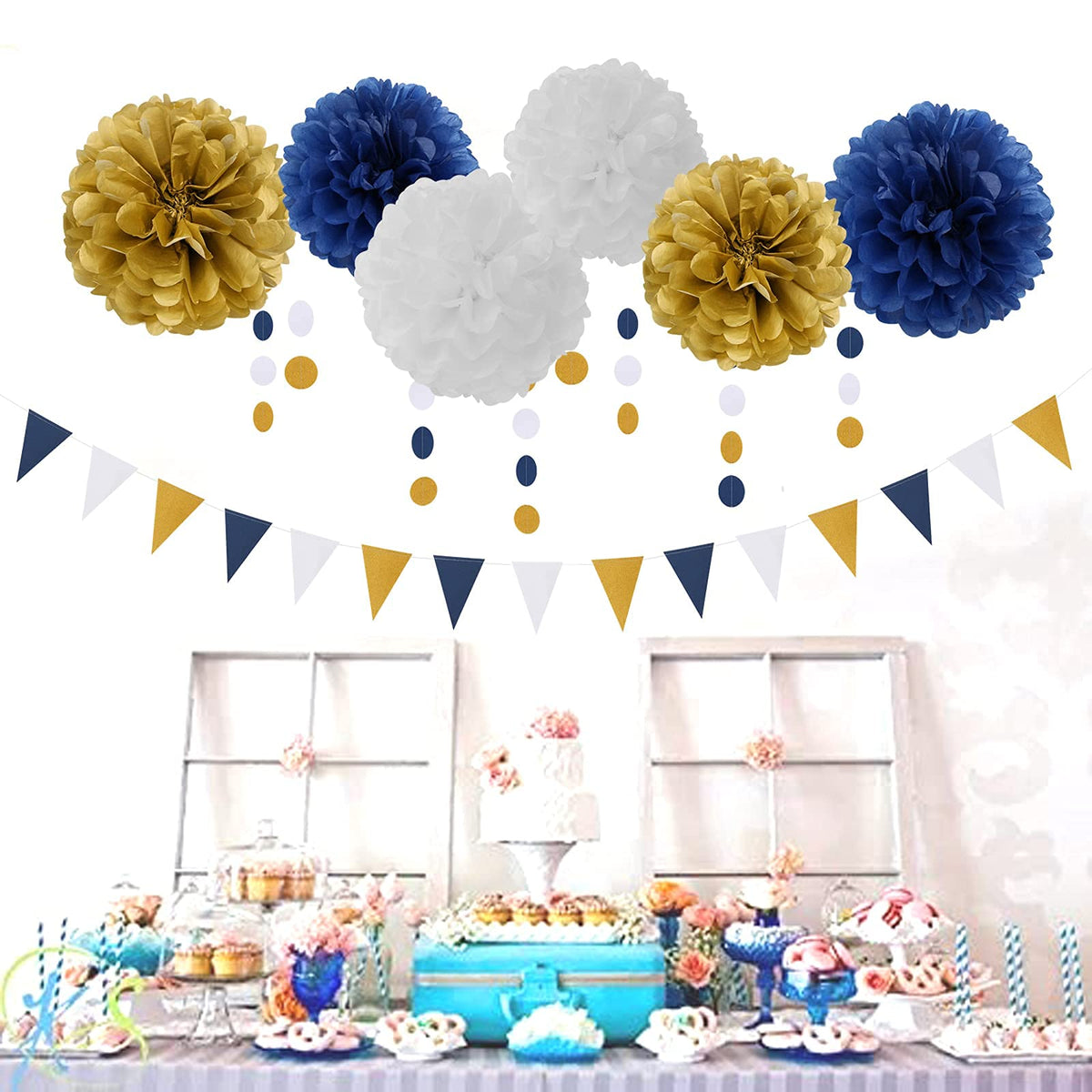 Navy Blue White Gold Party Decoration 23pcs Kits-Paper Flowers,Banner Flags,Circle Banner,Tassel Garland Birthday Bachelorette Boy Baby Shower Gender Reveal Graduation Decorations Lasting Surprise