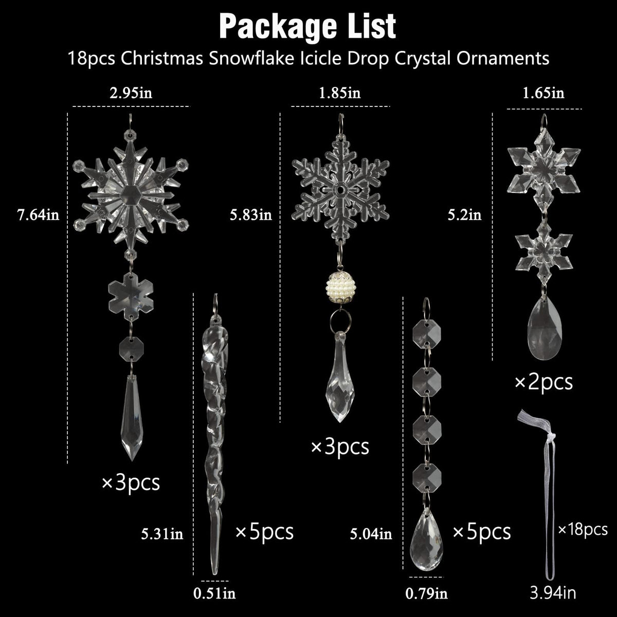 18pcs Christmas Tree Decoration Crystal Ornaments - Hanging Acrylic Christmas Snowflake Icicle Drop Crystal Ornaments for Xmas Tree Winter New Year Party Supplies
