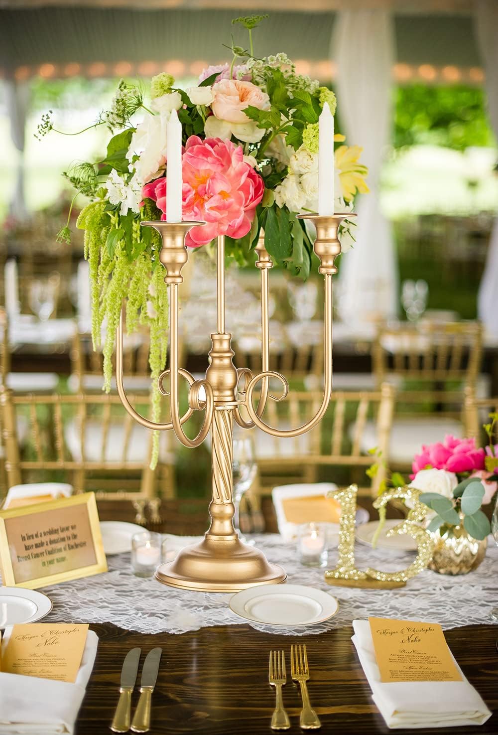 Metal Candelabra Gold Candle Stand 20in Tall, 5-Candle Candlestick Holder for Taper Candles, Candle Holder for Wedding Centerpiece Christmas Valentine Holiday Party Event Reception Decor, 2Pcs