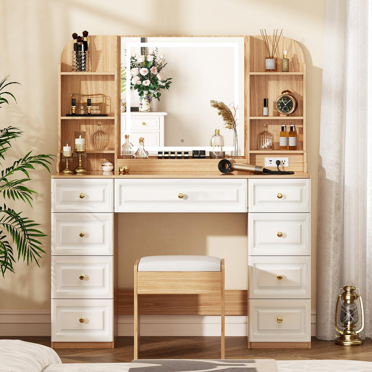 Arulvmrn 43" Makeup Vanity Desk with Mirror and Lights, & Power Outl, Glass Top Big Vanity Table with 9 Drawers& 8 Storage Shelves, Dressing Table Set with Chair for Bedroom, Oak