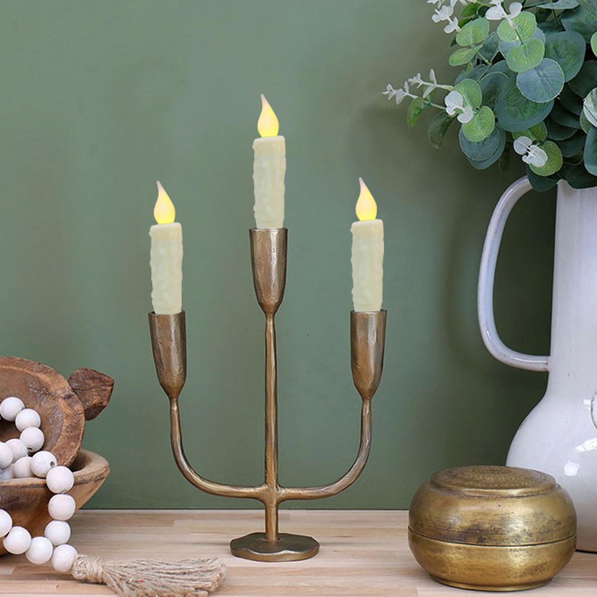 CVHOMEDECO. Real Wax Hand Dipped Battery Operated LED Timer Taper Candles Country Primitive Flameless Lights Décor, 4-3/4 Inch, Ivory, 3 PCS in a Package