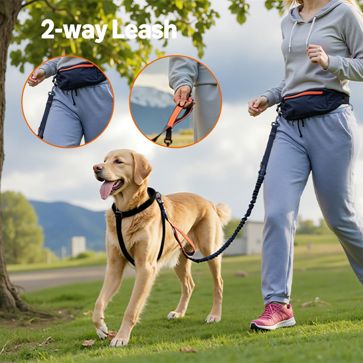 Amazon Basics Hands Free Dog Leash with Running Bag, Adjustable Waist Belt, Dual Padded Handles, Reflective Bungee Leash for Walking, Jogging, Hiking, Fits Small to Large Dogs (Up to 150 lbs)