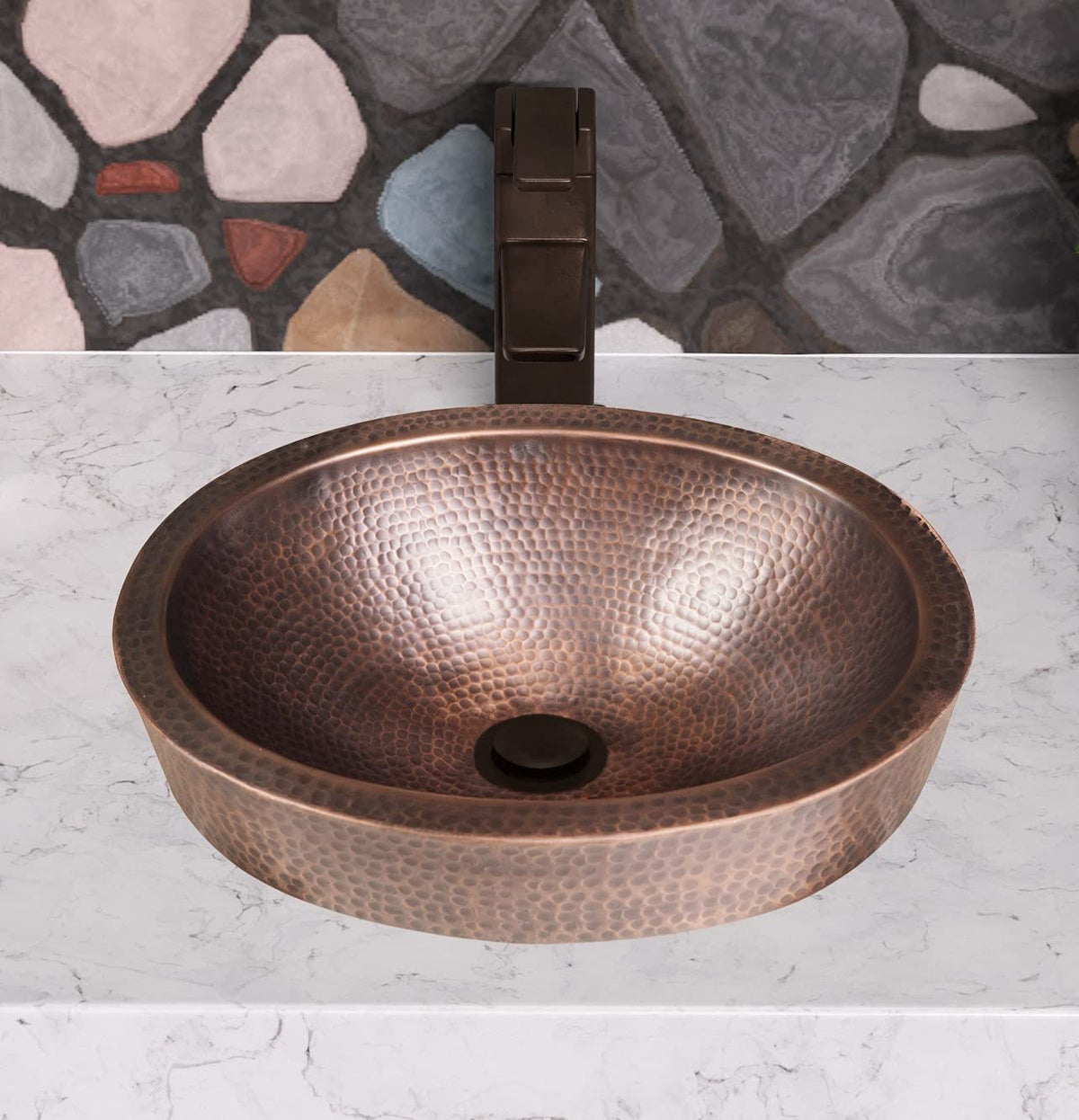Monarch Abode Bathroom Sink – 17-Inch Oval Skirted Drop In Bathroom Sink, Top Mount Hand Hammered Pure Copper Vanity Sinks for Countertop, Powder Room or Restroom, Drop in Sinks for Bathrooms