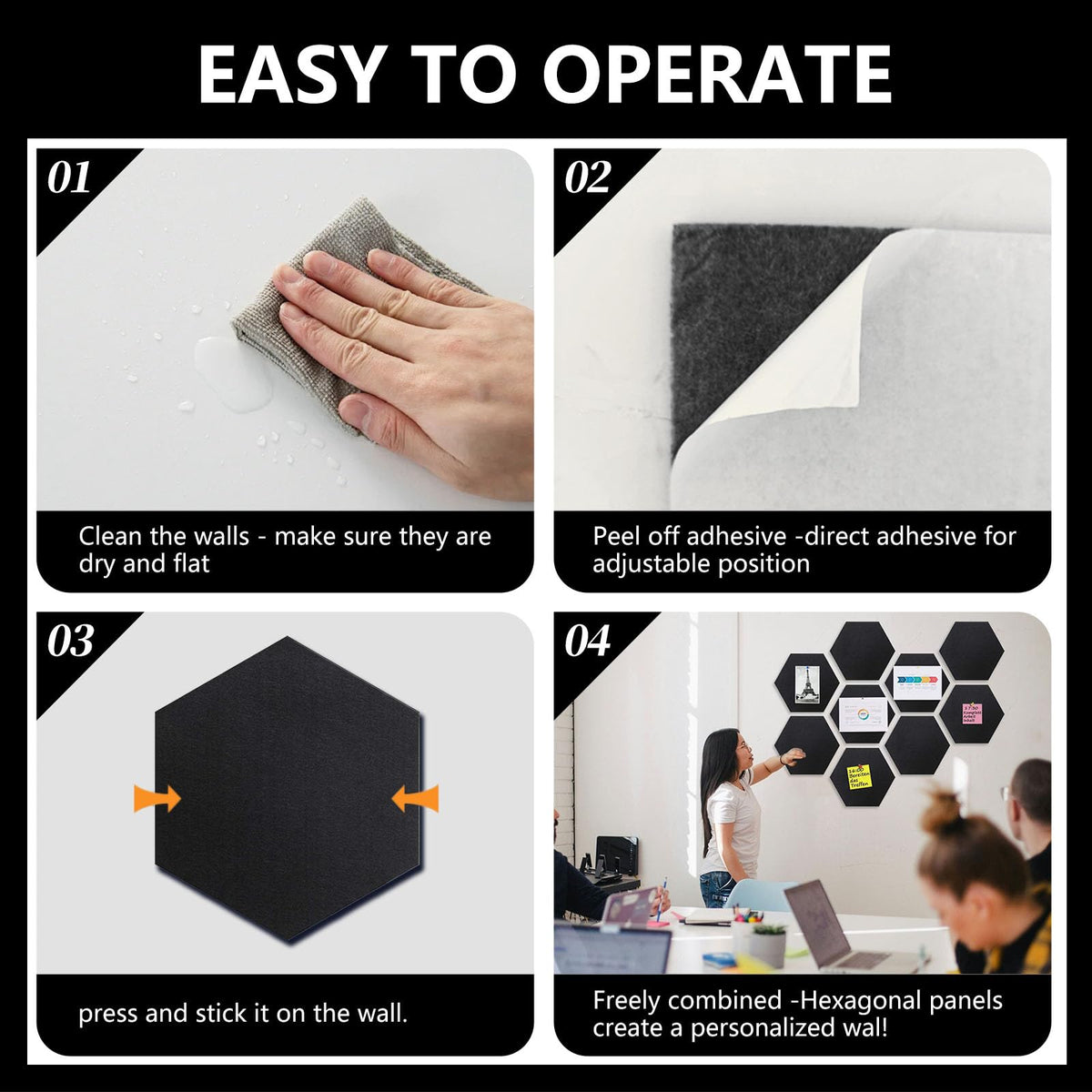 8 Packs Royal Blue Hexagon Felt Pin Board, 12" Bulletin Board with 30 Push Pins, Felt Board for Home Kitchen Office Decor, Self-Adhesive Corkboard Tiles for Walls Message Photos Memos Display