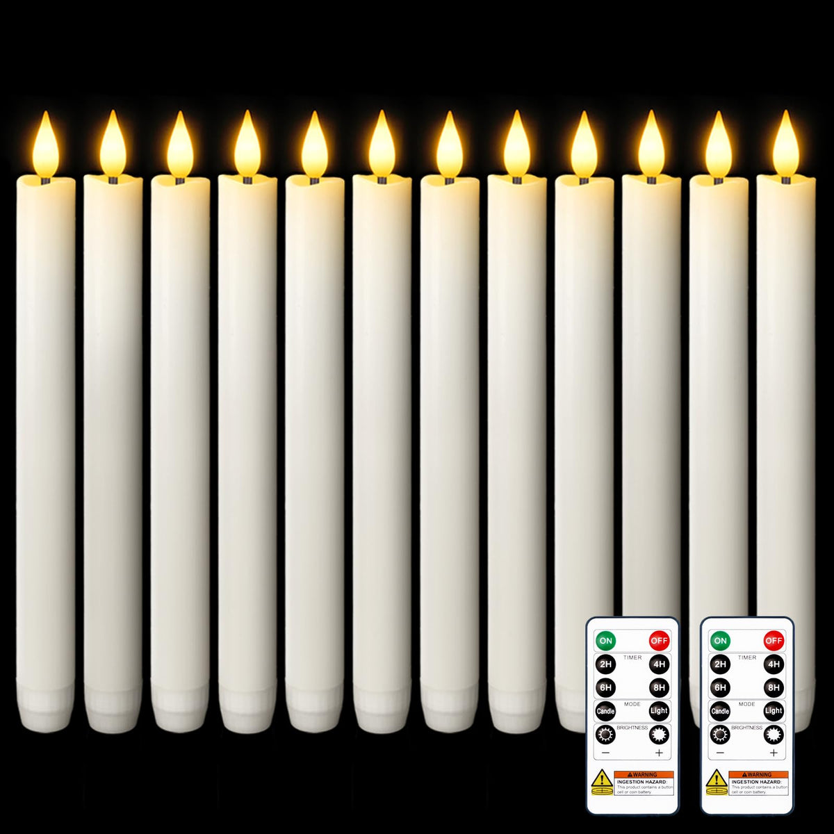 Homemory 12 Pcs Waxy Flameless Taper Candles with Remote, Flickering Battery Operated, LED Flameless Candlesticks, Classic Tall Taper Candles for Home, Wedding, Party, White, 9.6 inches