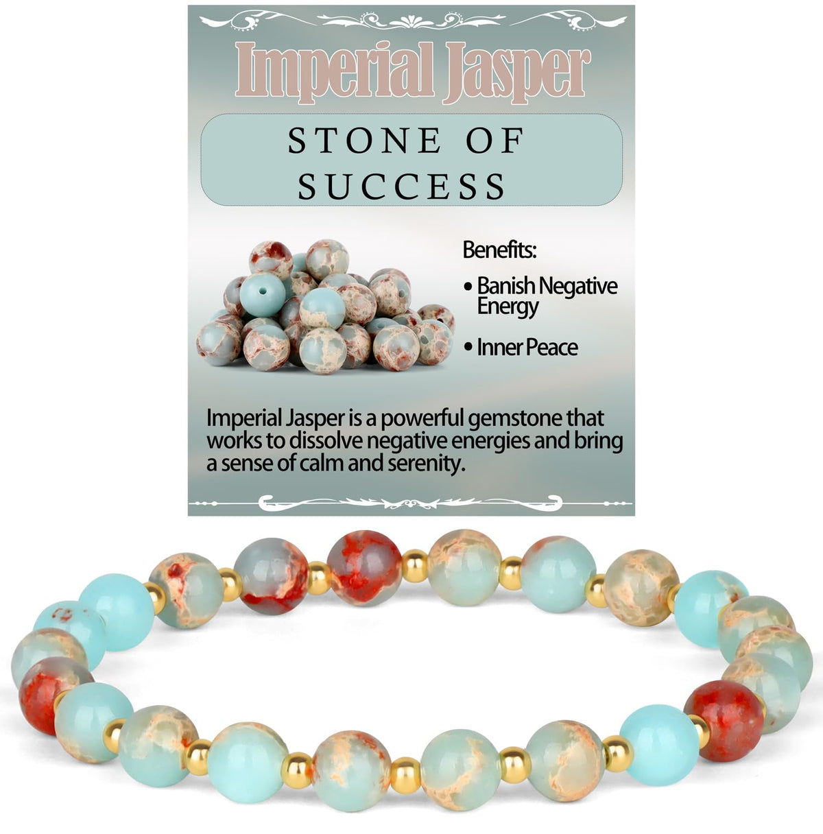 QOGIR Imperial Jasper - Stone of Success - Stainless Silver Beads Natural Gemstone Stretch Elastic Dainty Healing Beaded Bracelets Gifts 6mm